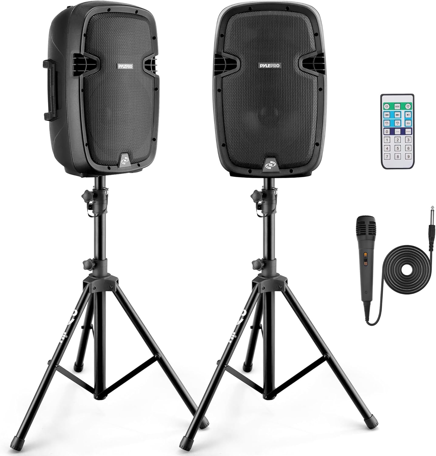 Pyle Wireless Portable PA system - 1000W High Powered Bluetooth Compatible Active + Passive Pair Outdoor Sound Speakers w/ USB SD MP3 AUX - 35mm Mount, 2 Stand, Microphone, Remote - Pyle PPHP1049KT
