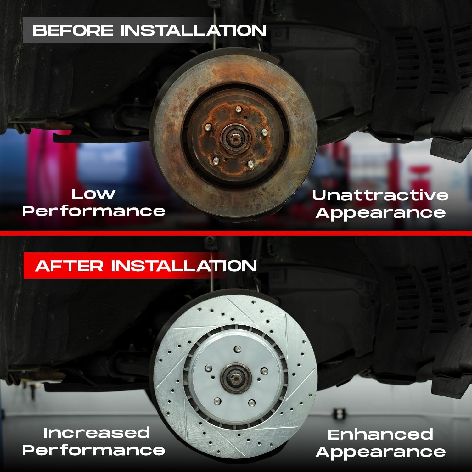 R1 Concepts Front and Rear Brake Kit For 2004 Cadillac XLR, 2008-2009 Cadillac XLR, 1997-2004 Chevrolet Corvette| Drilled Slotted Brake Rotors| Ceramic Brake Pads and Rotors Kit