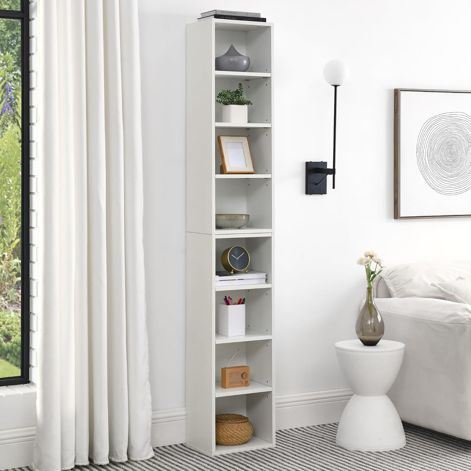 roomfitters 8-Tier Vertical Bookcase with Adjustable Shelves, Tall Narrow Display Storage Tower for Living Room or Office, White
