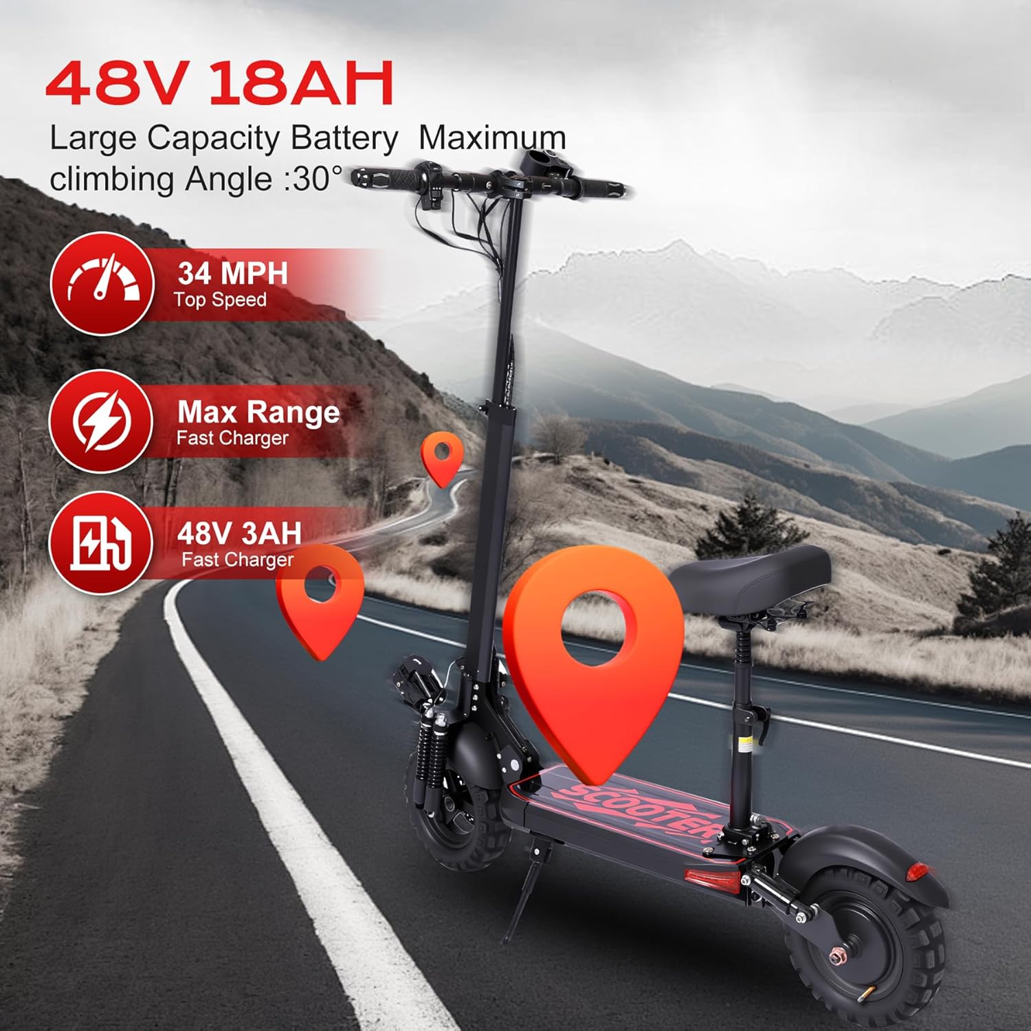 Electric Scooter Adults, 34 MPH w/ 34-Mile Range, 1200W Peak Motor, 48V 18AH Battery, 11