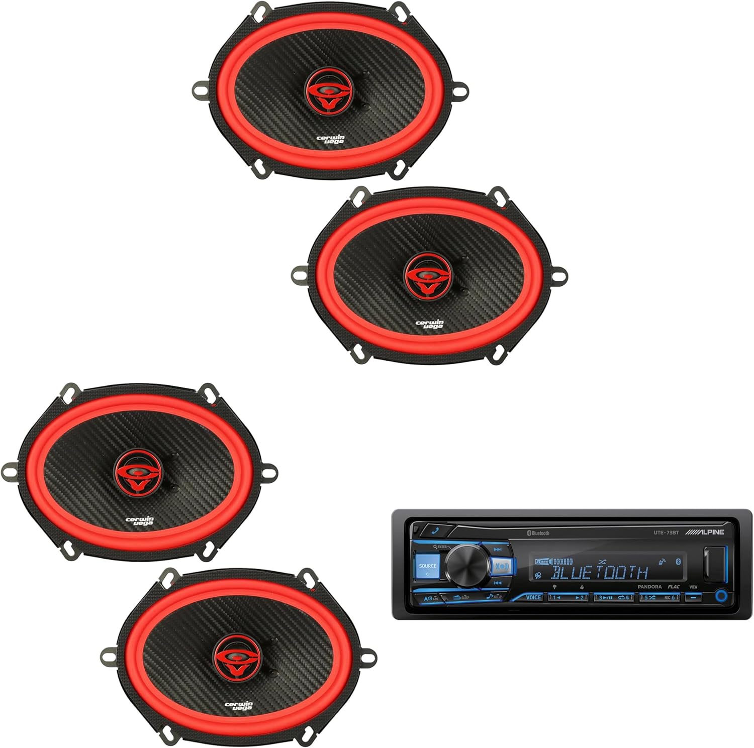 UTE-73BT Bluetooth Car Stereo Receiver (No CD) with 2 Pairs Cerwin Vega V68 6x8 2-Way Coaxial Speakers Premium Front & Rear in-Car Audio Upgrade Package