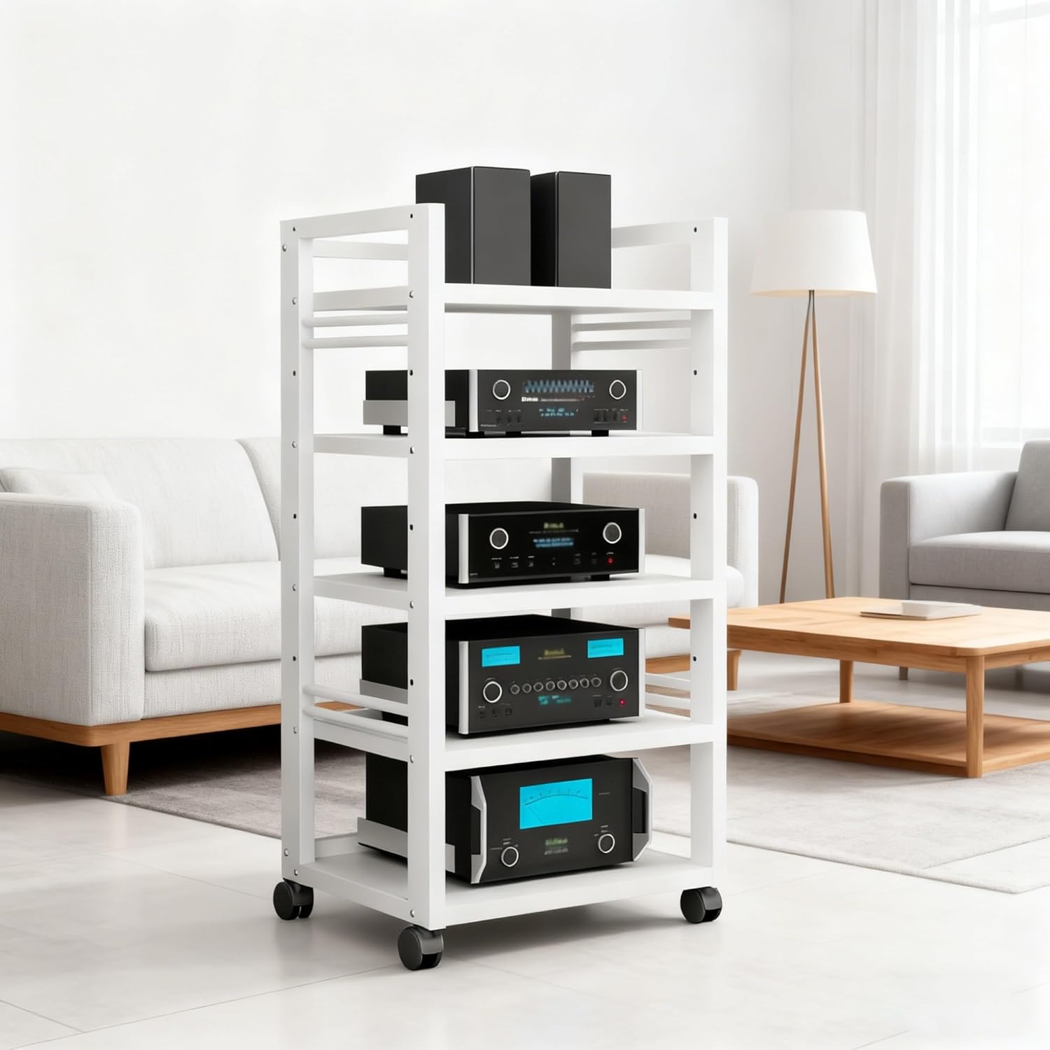 AV Media Tower Stereo Cabinet 5 Tier Floor-Standing Audio Rack CD DVD Record Player Stand Movable Corner Storage Shelf With Wheels For Home Theater(White1)
