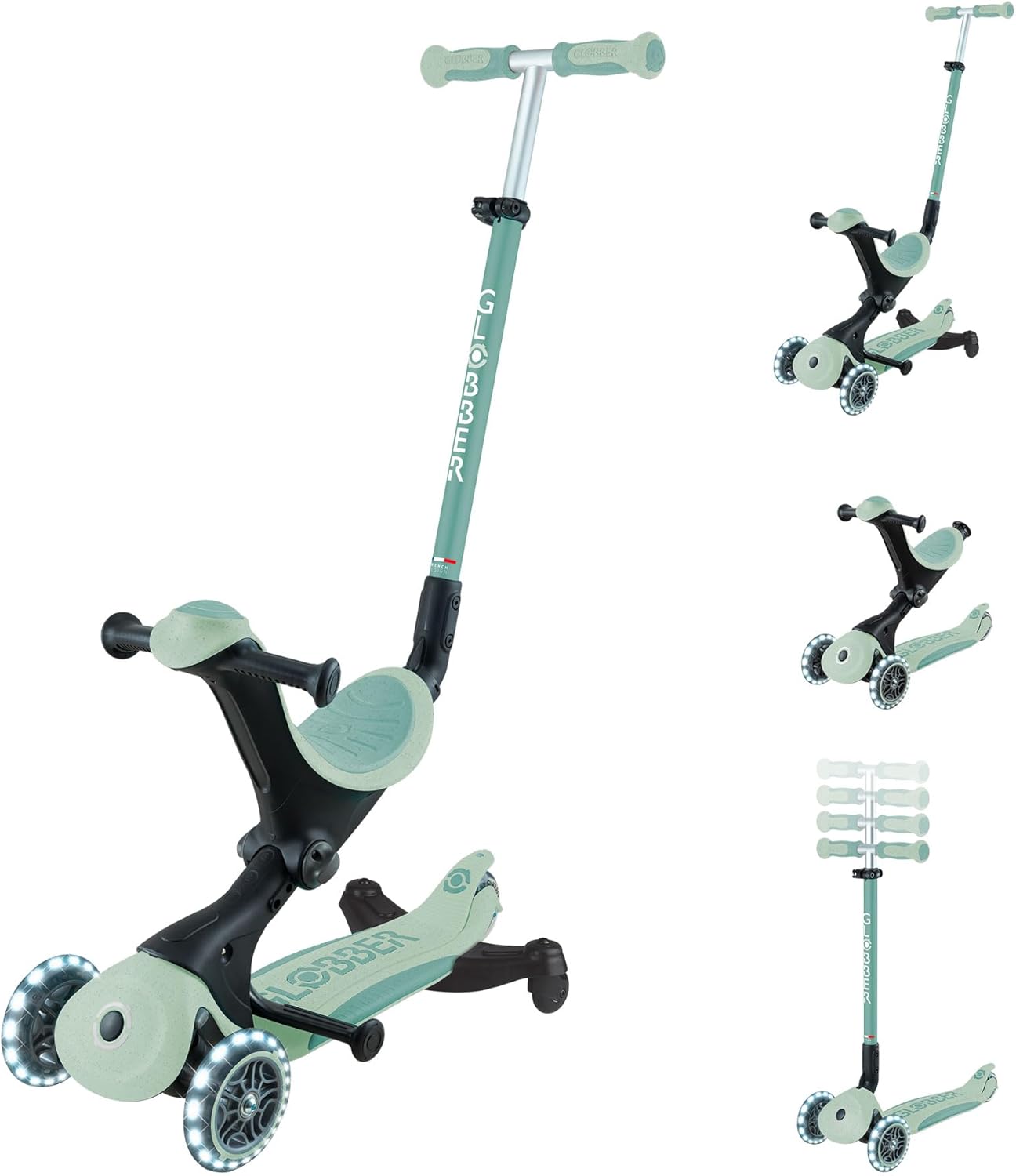 Globber - GO•UP Deluxe Lights ECO 360-3-Wheel Scooter with 360° Rotatable Seat, Footrest, LED and Durable Materials, 15 Months to 6 Years - Pistachio Green