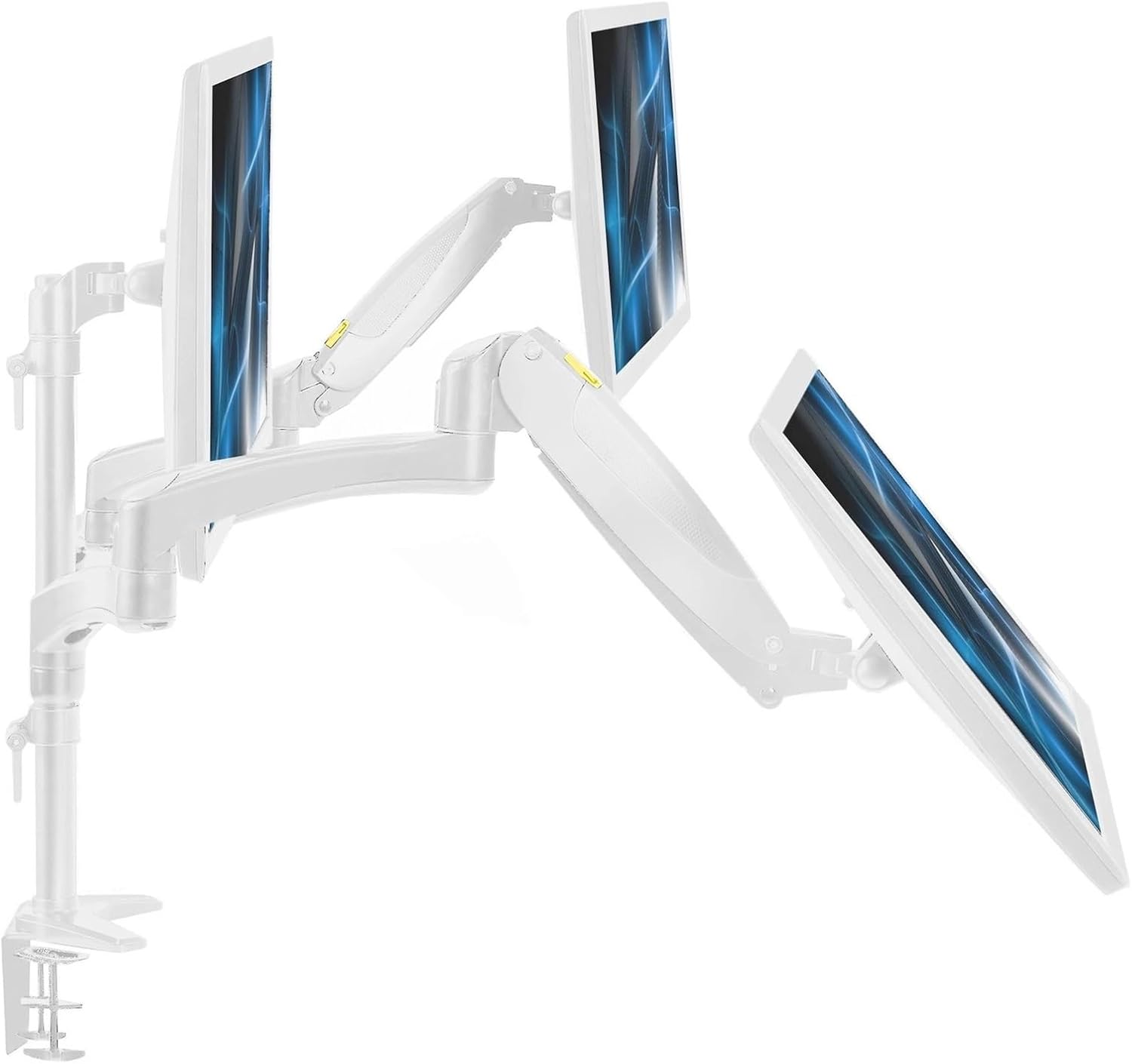 White Triple Monitor Stand, 2 Pneumatic arms + 1 Fixed, 3 Screens up to 32 inches