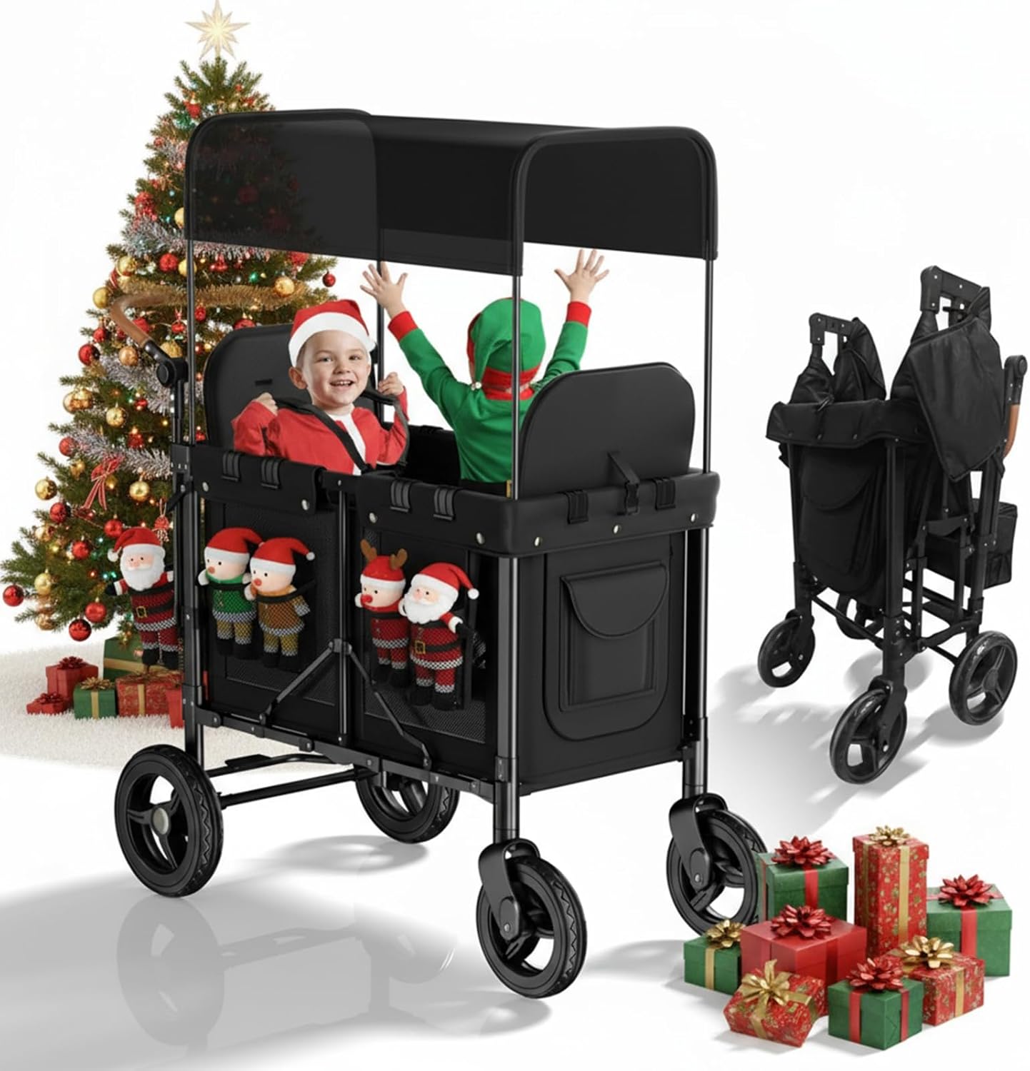 2 Seater Wagon Stroller Foldable with Breathable Mesh, Waterfroof Canopy, with Rear Storage Bag,360° Swivel Wheel with Lock,50.8 * 37.8 * 22.44 in.
