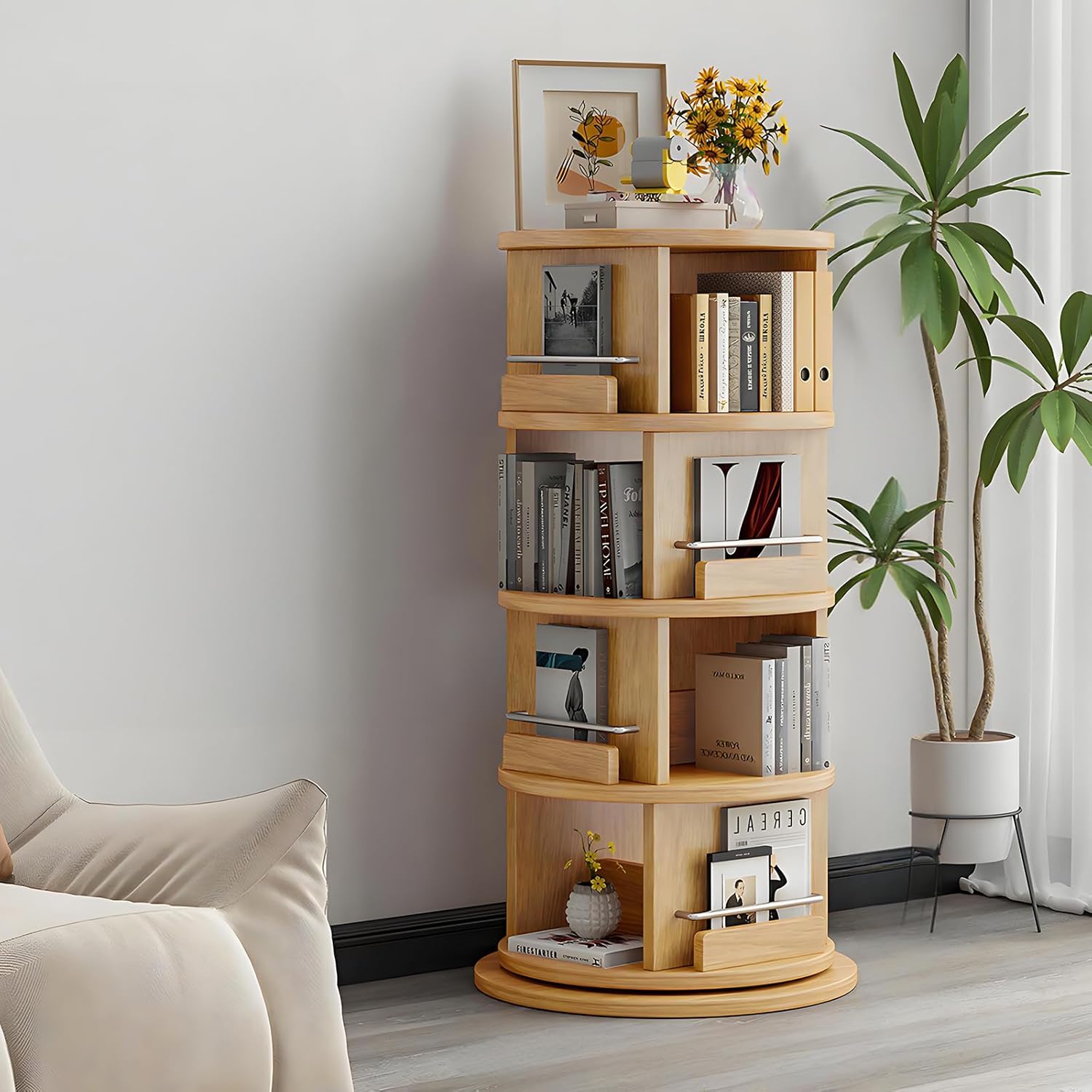 Enchantia 360° Rotating Bookshelf Tower, 4-Tier Stackable Corner Spinning Bookshelf, Large Capacity Narrow Bookcase for Bedroom Living Room Study Room Display Stands, Wood