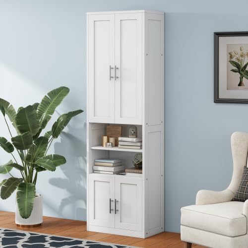Ginkartu 2 Doors Bookshelf with USB Port 3 Adjustable and 3 Fixed Shelves Bookcase Side Cabinet Storage Shelves in White(Old SKU:WF311493AAC)