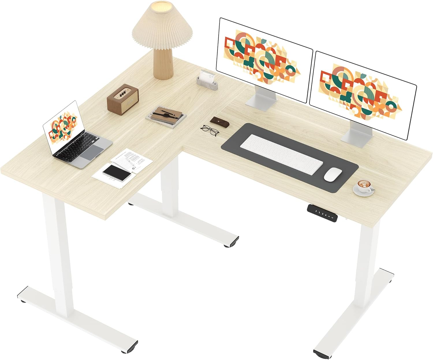 SANODESK L Shaped Standing Desk Adjustable Height, Electric Corner Standing Desk, 63 x 48 inch Sit Stand Computer Table with Splice Board, Maple