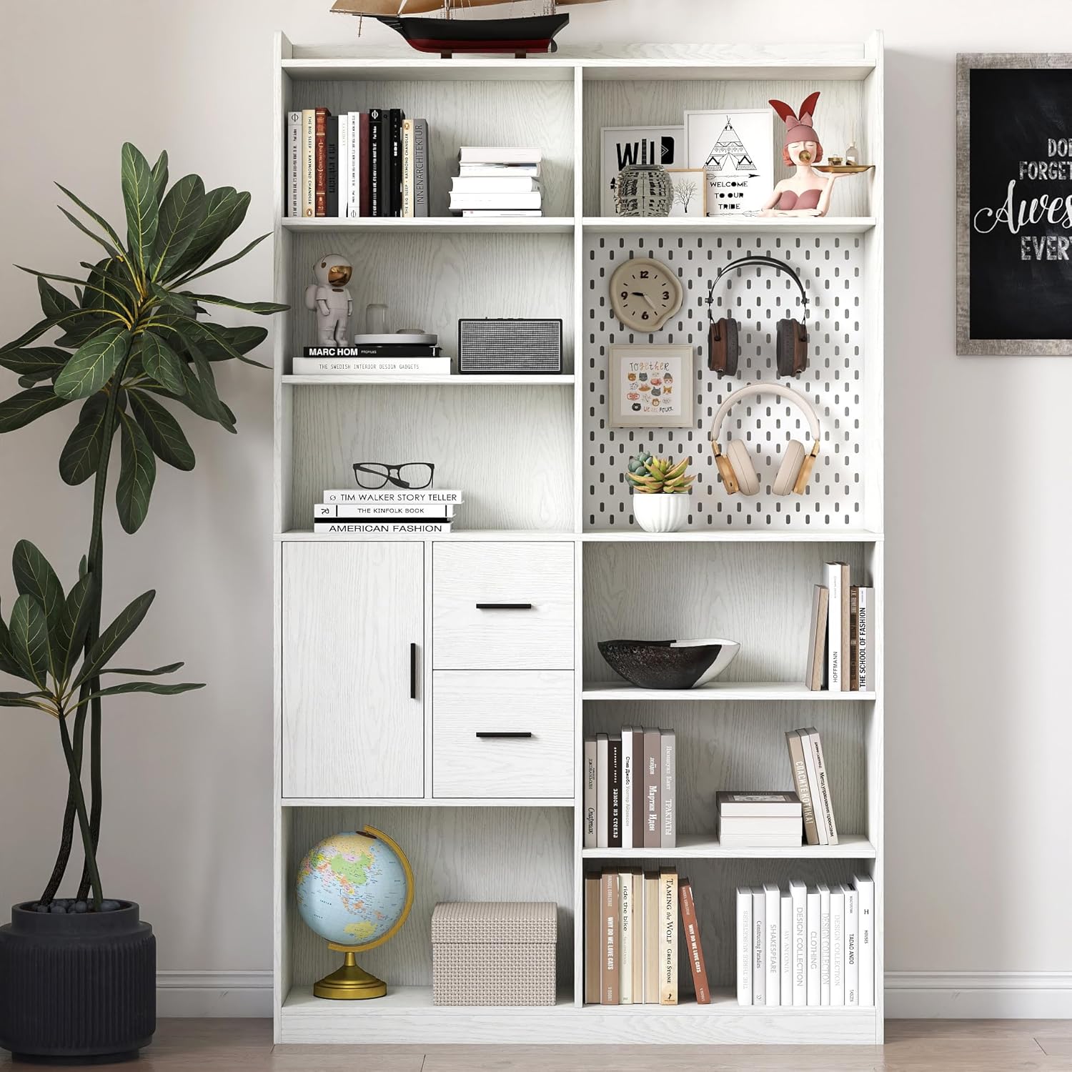YZFfnte Modern 79'' White Bookshelf and Bookcase with Pegboard & 3 Drawers - 9 Cubby Shelves for Spacious Organization, Contemporary Wood Shelving Unit for Living Room
