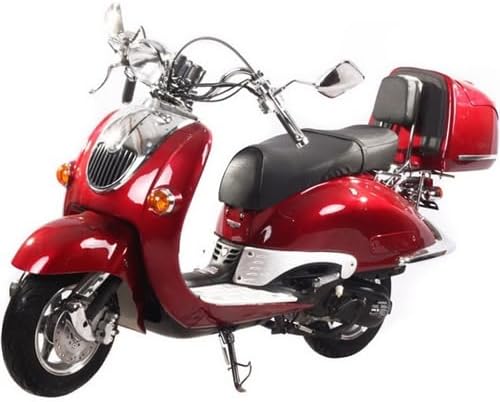 Classic Retro Scooter, Vintage Style 150cc Motor Scooter in Candy Red with Chrome Accents, Rear Storage Box