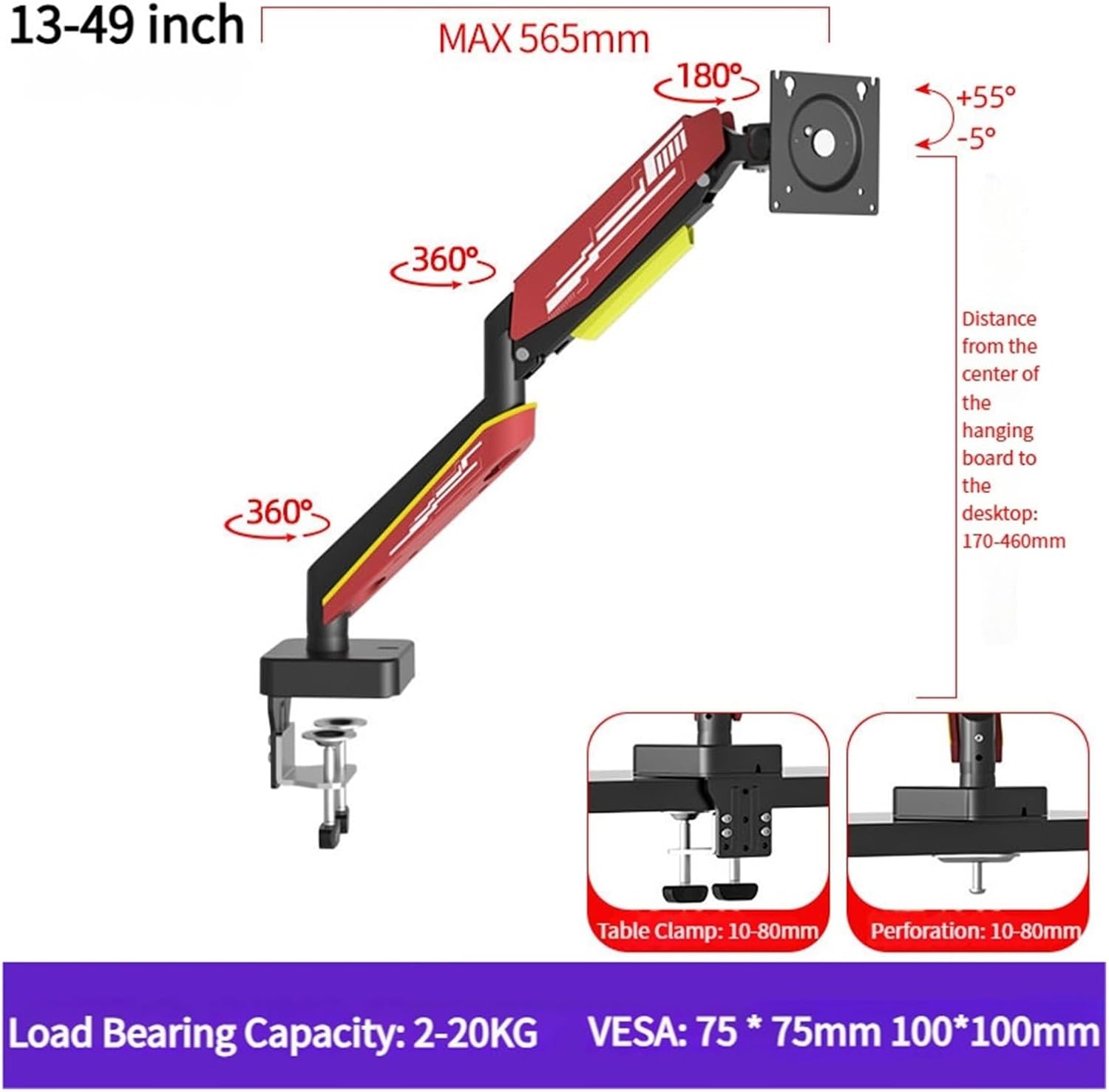 Support large-size monitor stand gas spring monitor arm adjustable monitor arm maximum load-bearing 17-49 inches 20 kg computer screen monitor stand(E9W)