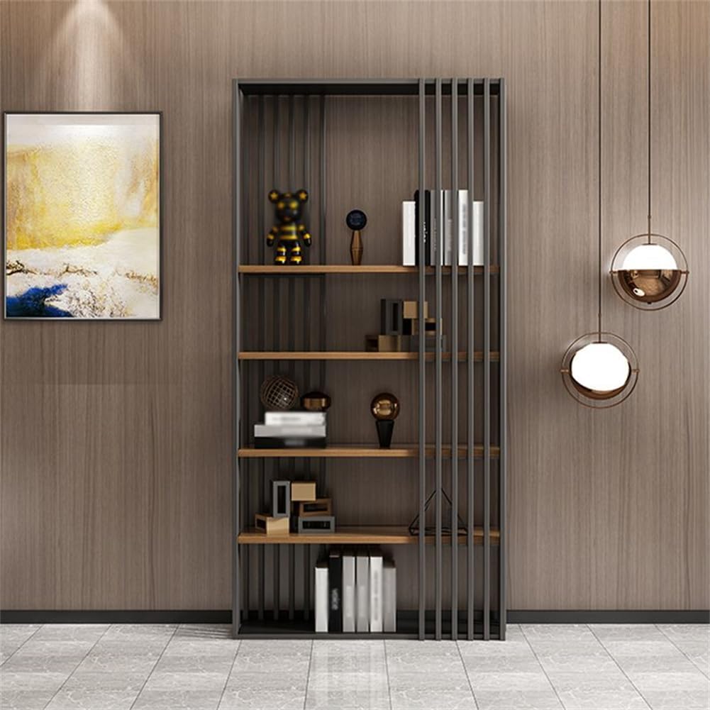 KWOKING Modern 4-Shelf Bookshelf Open Black Shelf Bookcase Study Room Wood Floor-to-Ceiling Bookshelf Wrought Iron Partition Cabinet Room Rack Industrial Display Stand Black 47