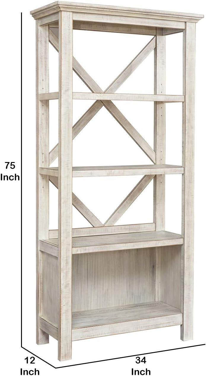 Benjara BM209264 75 x 34 x 12 in. X Shape Back Bookcase with 3 Open Shelves & 1 Open Compartment White