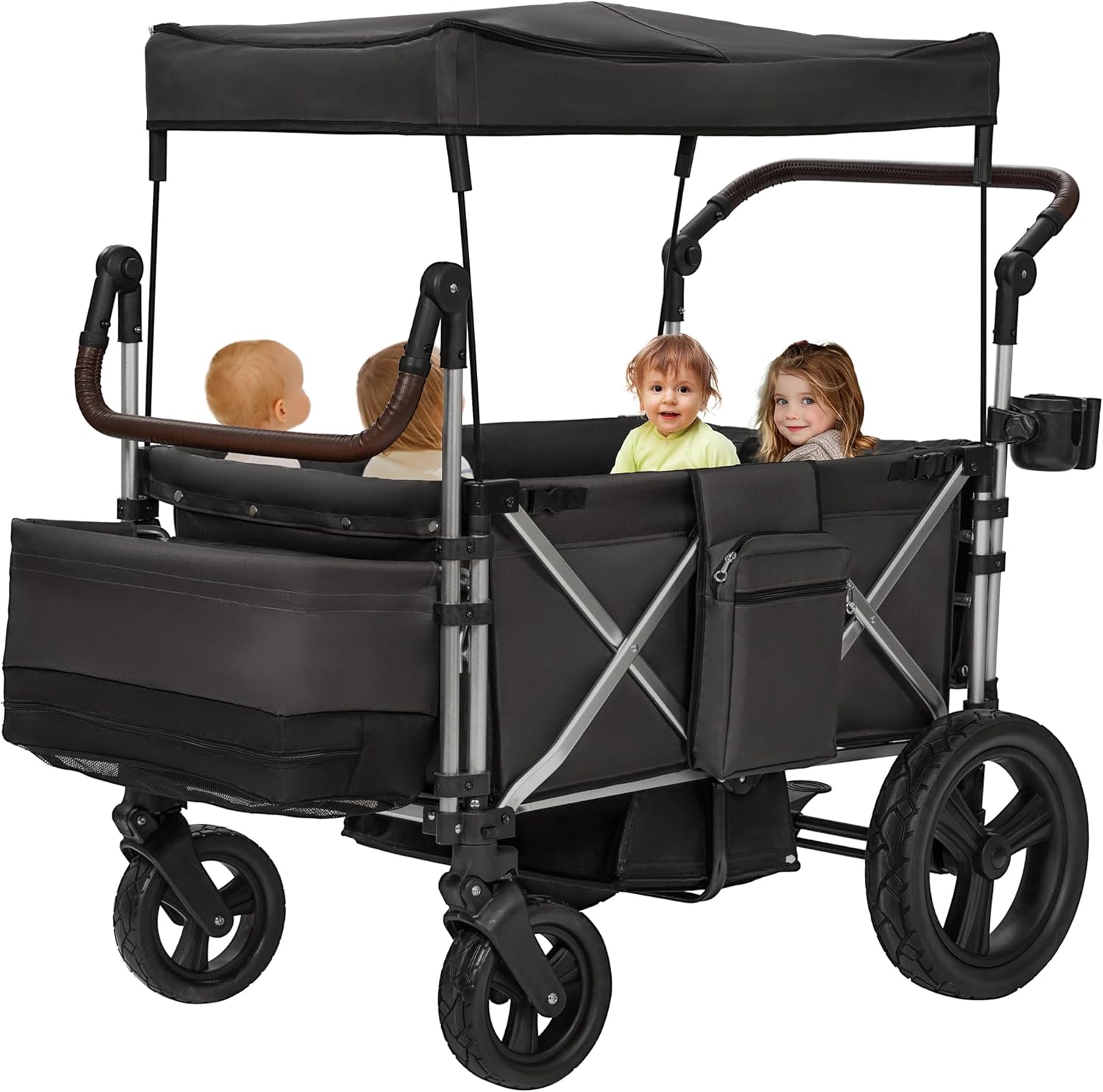 Real Relax Stroller Wagon for 4 Kids, Foldable 4 Seater Wagon Stroller, Kids Wagons with 5-Point Safety Harness, UV-Protection Canopy, All-Terrain PU Wheels, Adjustable Handlebar