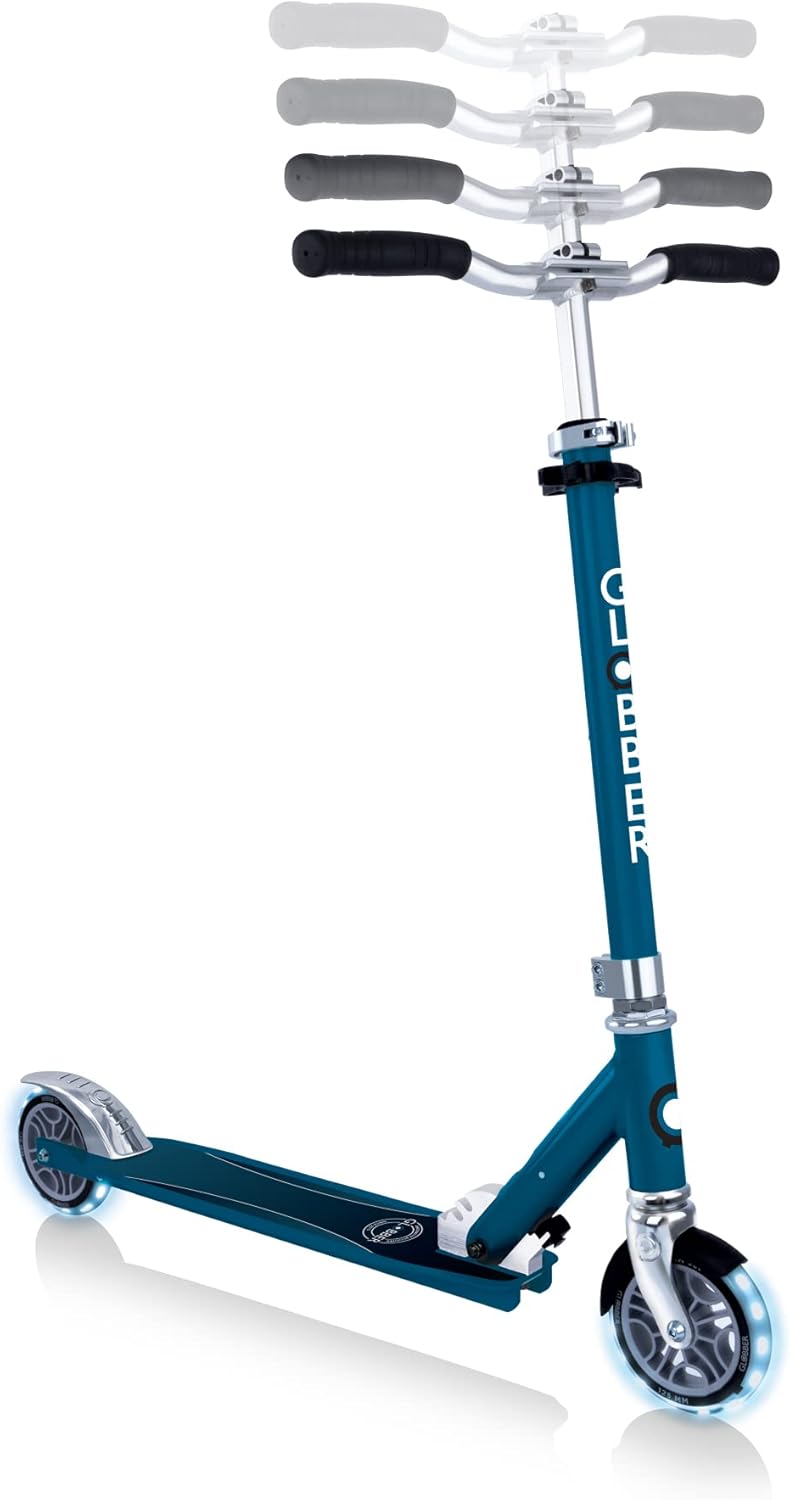 GLOBBER Flow Element Lights 125mm ABEC 9 Adjustable Height Folding Scooter LED Light Wheels Petrol