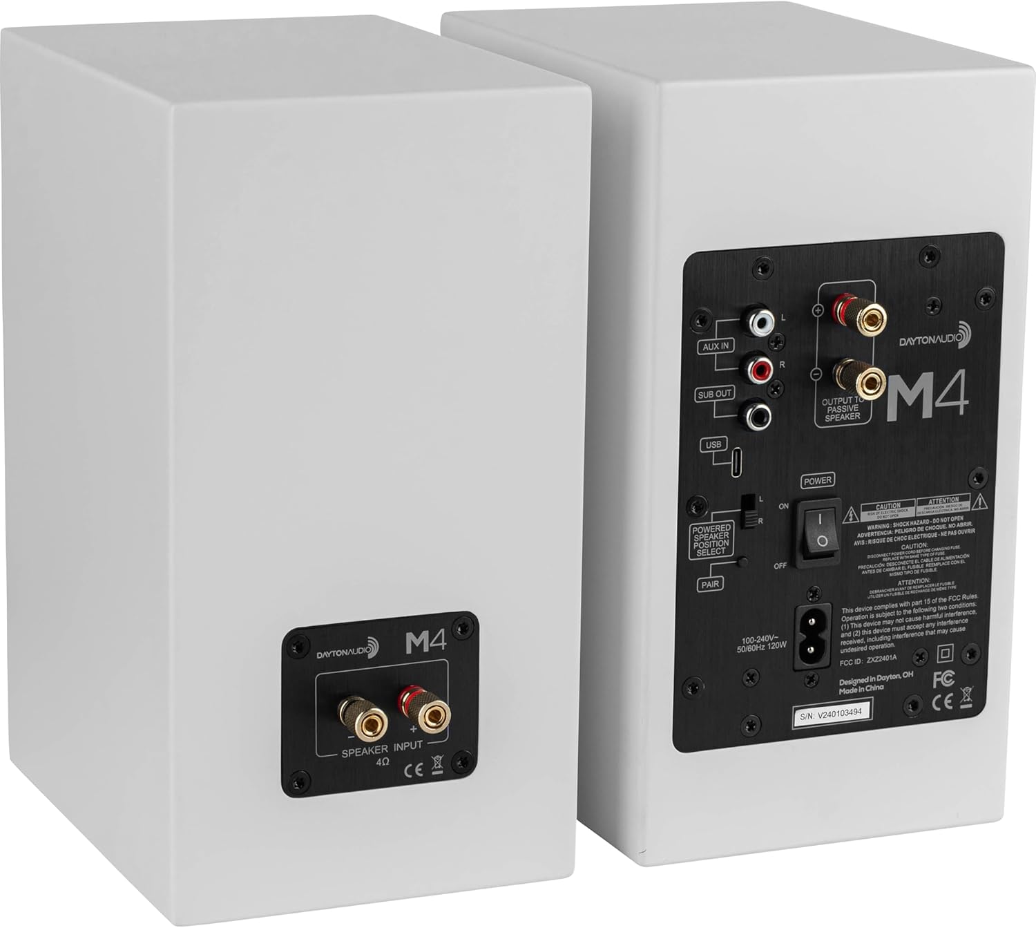 Dayton Audio M4 Powered Desktop Speakers with Bluetooth and USB DAC | Remote Included | 150W Peak Power | Pair (White, 4in)