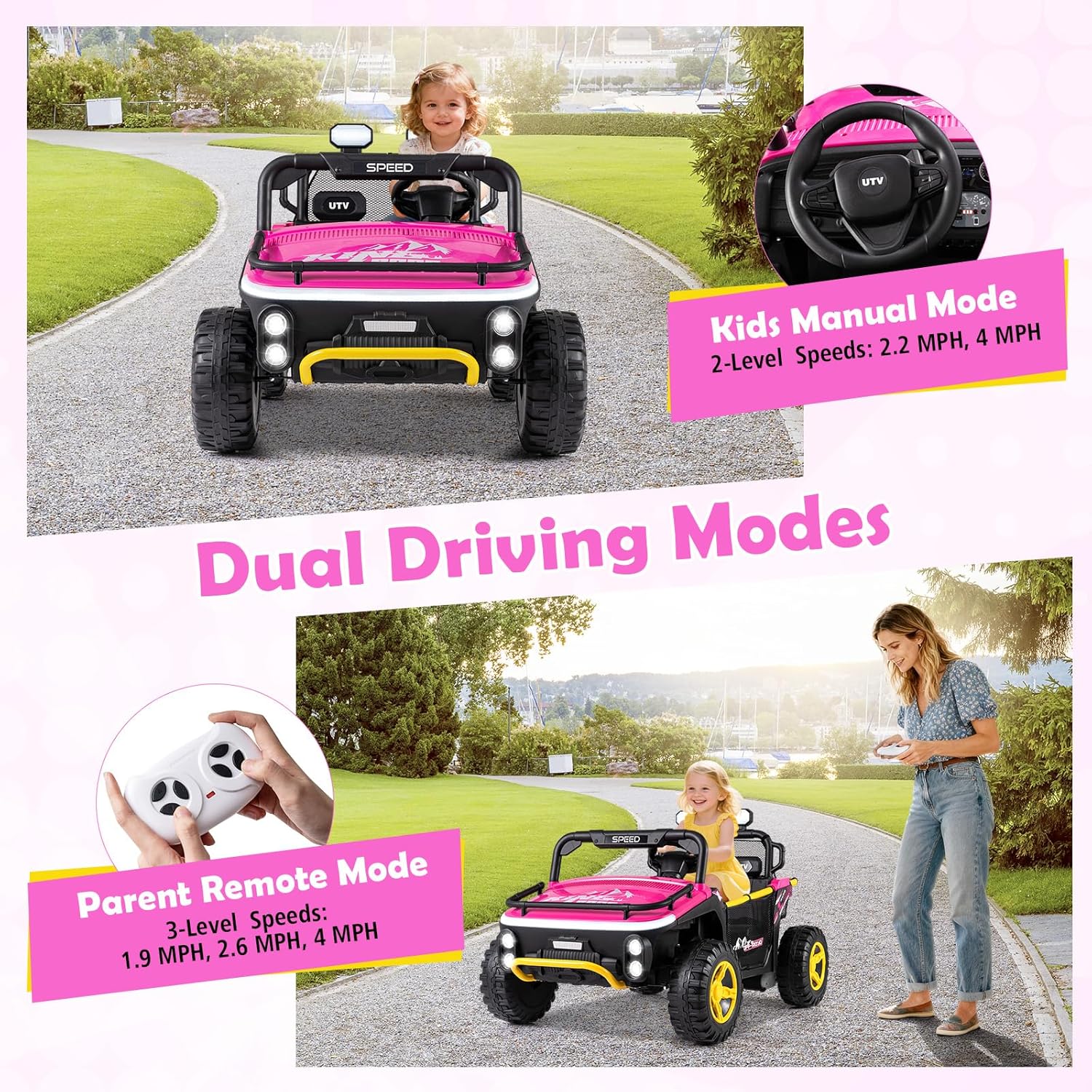 Costzon 24V Ride on Toys for Big Kids, 2 Seater Ride on UTV Off-Road Truck with Remote Control, Storage & Pull Rod, Horn, Music, Story, Lights, Electric Vehicle Kids Car for Boys Girls (Pink)