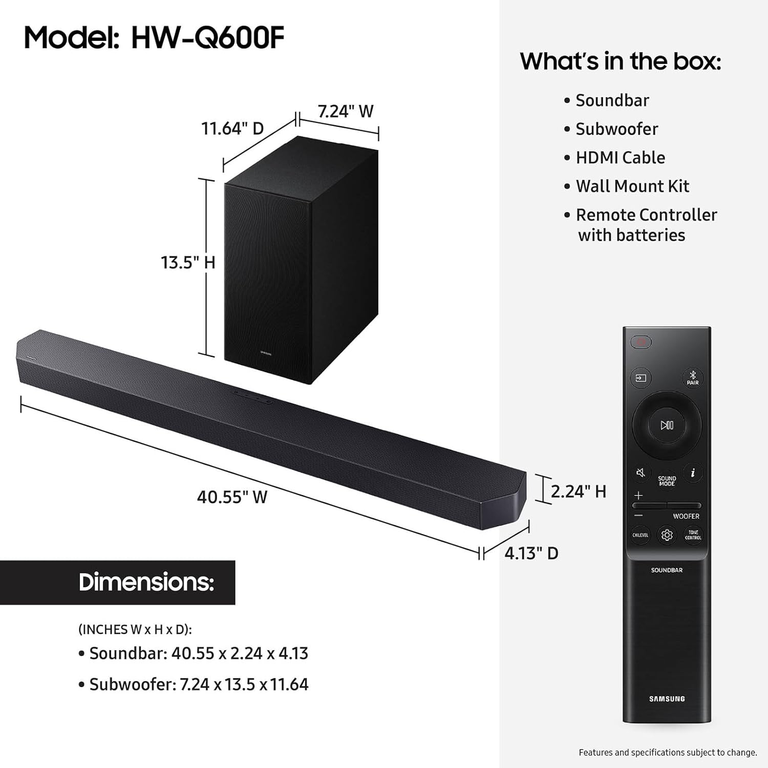 Samsung Q-Series Soundbar HW Q600F 3.1.2 ch Subwoofer (2025 Model) SpaceFit Sound Pro