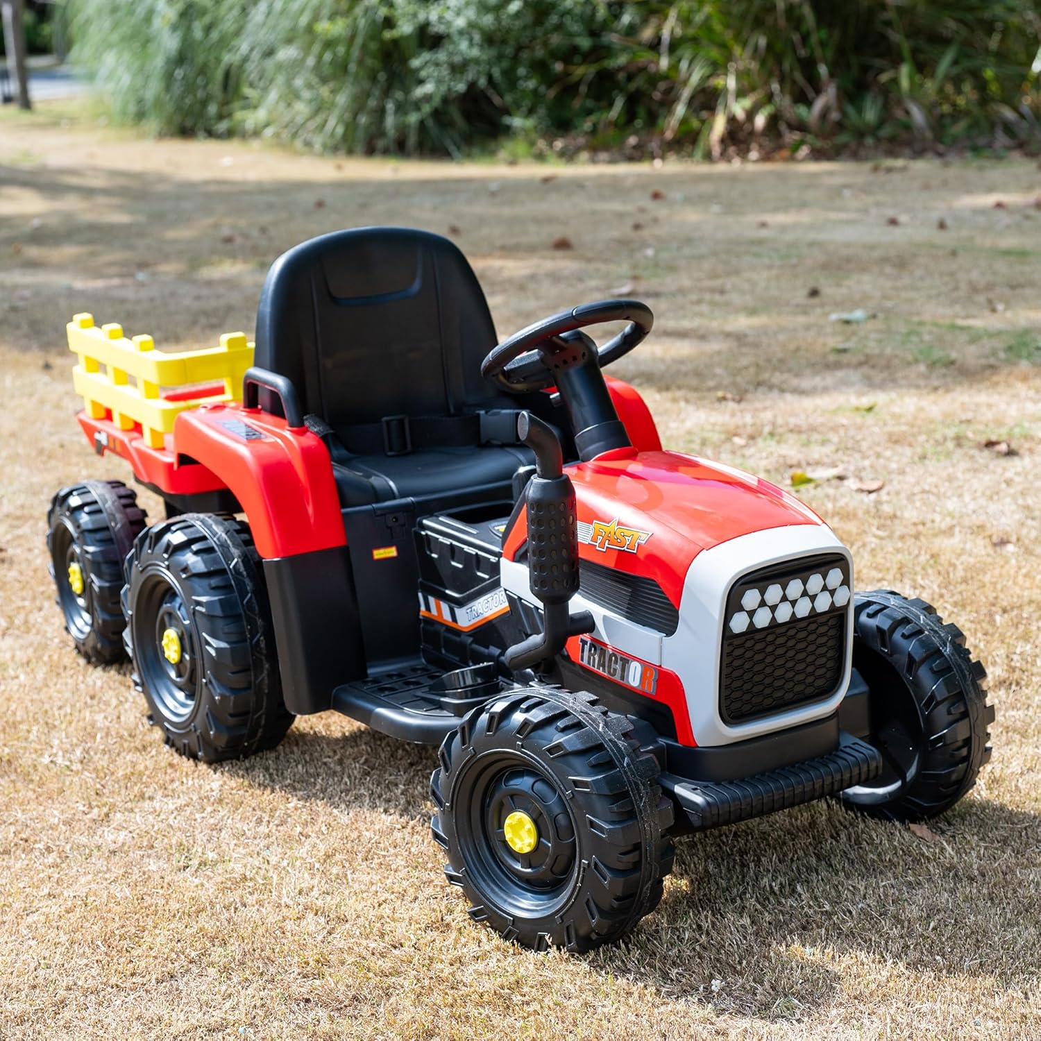 24V Powered Ride On Tractor with Trailer, 6-Wheel Electric Farm Vehicle, 2x200W Motors, Remote Control, Bluetooth Music, LED Lights, 3-Speed, Gift for Boys Girls, Red