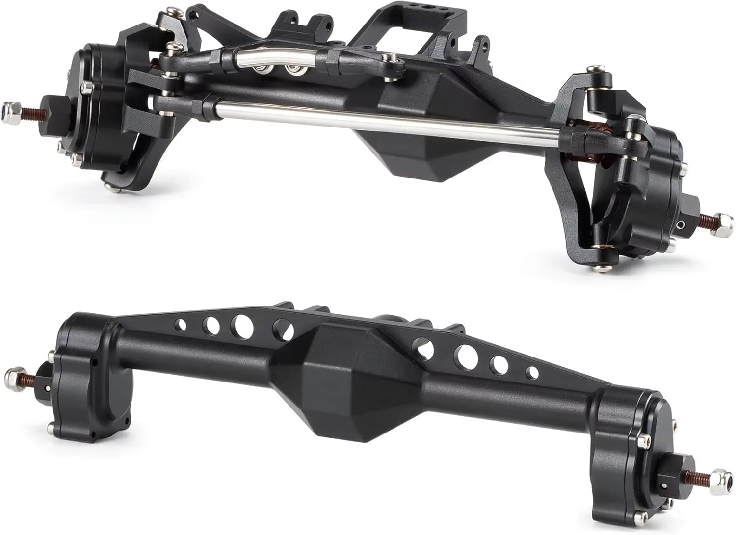 Rc Front Rear Axle for H10 Optic Rc Car for Capra for Rock Crawler Cheater Rigs Machined 7075 Aluminum Offset Portal Front Rear Axle Servo Mount(Black,1Set)