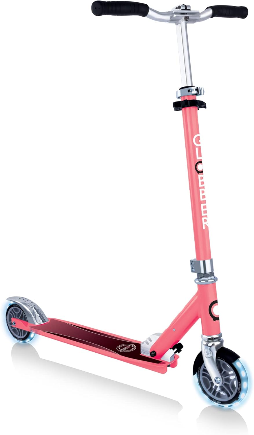 GLOBBER Flow Element Lights 2 Wheel Aluminium Scooter with Luminous Wheels for Kids and Teens (5 Years Old) - Coral Pink