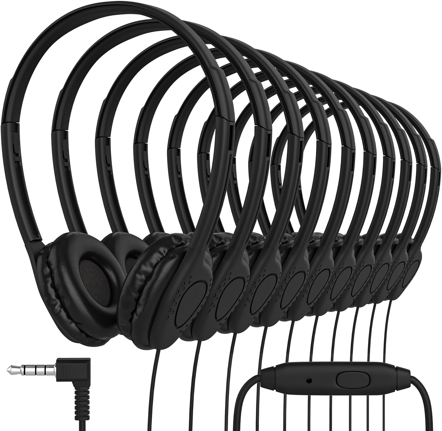 Maeline Bulk Classroom Student Headphones with Microphone, On Ear Stereo Headphones with Mic & Faux Leather Cushions for Kids Online Learning, Library, School, Airplane, Travel - 3.5mm Plug - 100 Pack