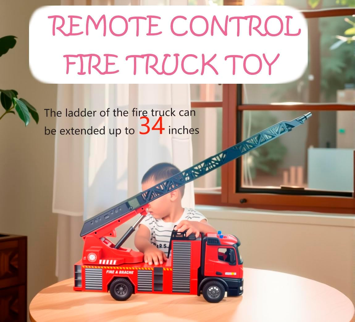 Ailejia RC Fire Engine Truck Toy with Lights, 2.4G Fire Truck Toy Remote Control Siren Sound,Working Water Spray and Rotating Rescue Ladder Best Gift Toy for Boys Girls