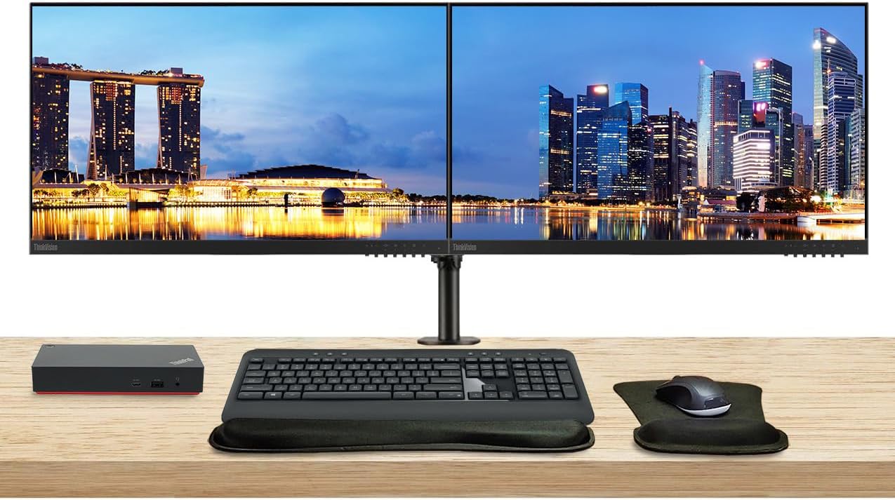 Lenovo ThinkVision E24 1920 x 1080 LED FHD LCD Monitor, 2-Pack Bundle with HDMI, VGA, Speakers, DisplayPort, Dual Monitor Stand, ThinkPad USB-C Dock, MK540 Wireless Keyboard and Mouse, and Wrist Pad
