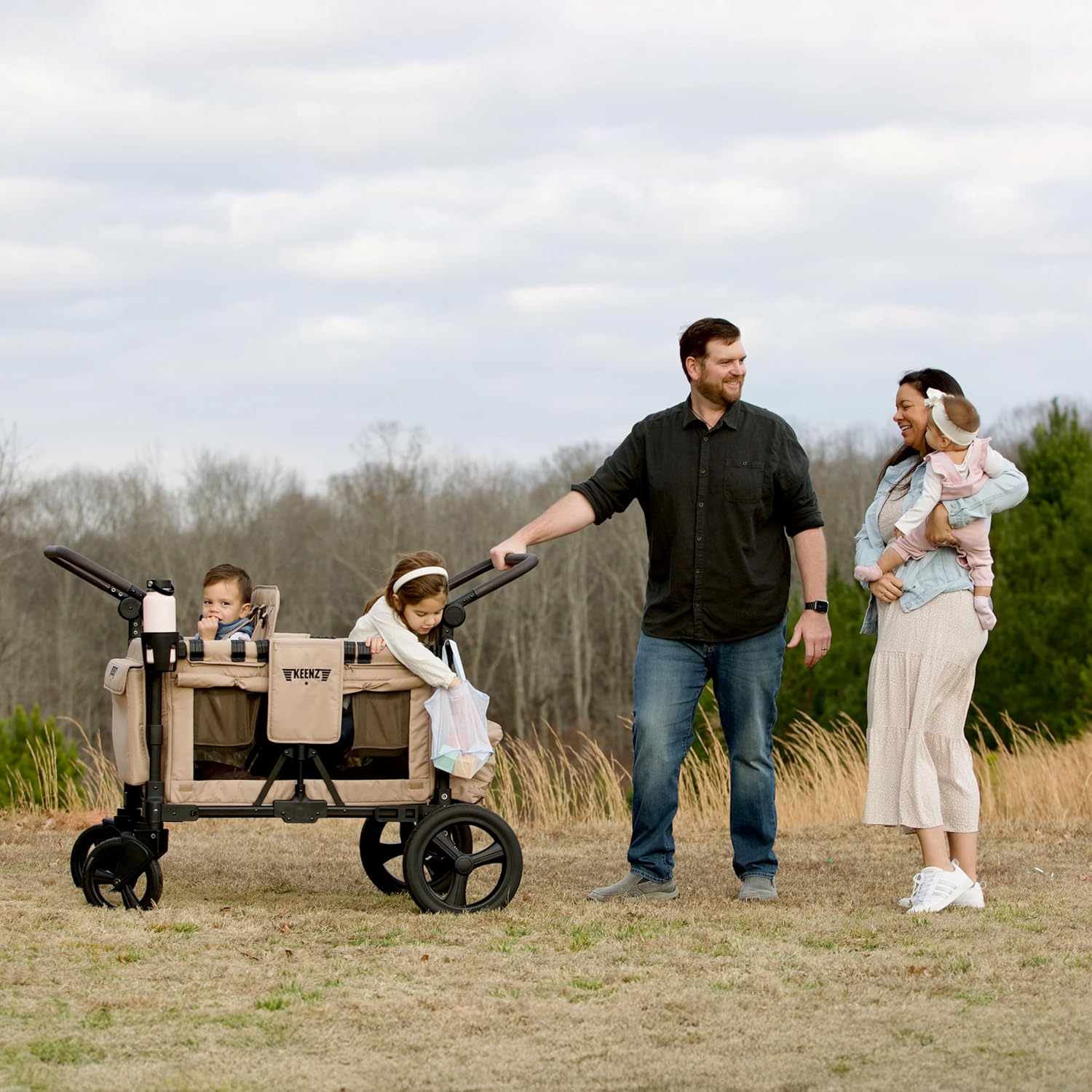 Keenz MOOV 4-Passenger All-Terrain Stroller Wagon with Reclining Seats, Built-in Cooler, Push/Pull Handle, Rubber Wheels, and Activity Tray – Foldable Wagon for Four Kids, Mocha