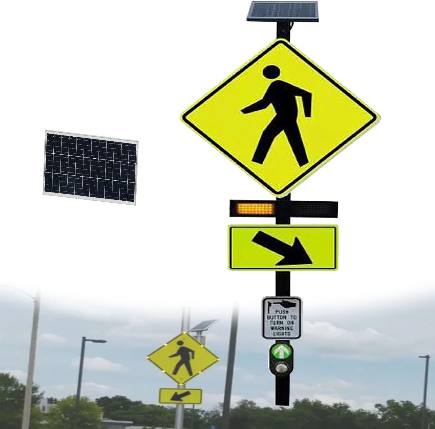 Flashing Pedestrian Crossing Sign, Weatherproof Aluminum Traffic Warning Sign for Urban Roads Schools - Solar-Powered Crosswalk Alert for Outdoor Safety(Medium)