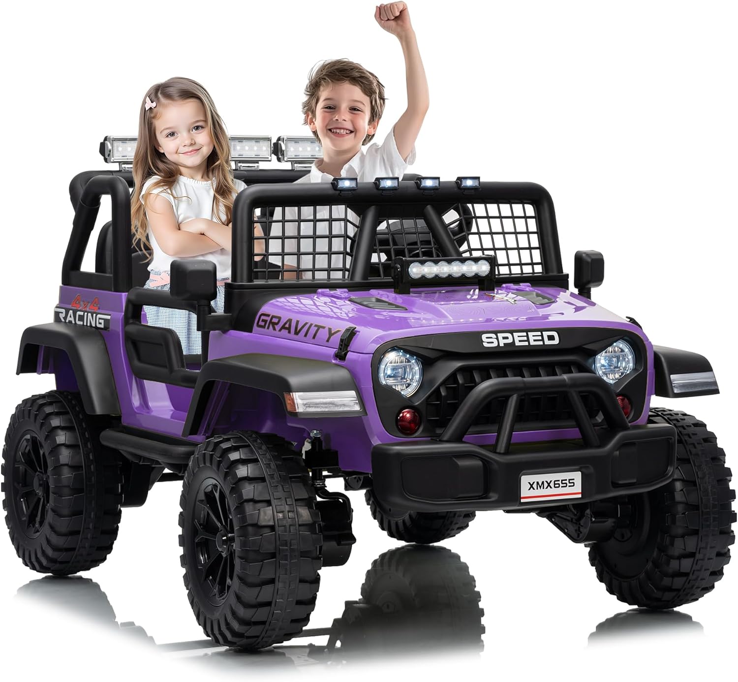 24V 2-Seater Kids Electric Truck with Parent Remote Control, 100Min Ride-on Car, 4WD Dual Motor, 2 Speeds, Spring Shock Absorber, LED Headlights, Siblings Gift Kids Electric Vehicle, Purple