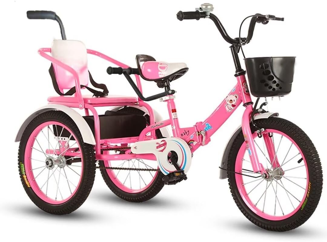 Folding Toddler Pedal Tricycle for Aged 3-10 Years Old,Children Large Tricycle with Rear Push Rod and armrest,Tandem Rickshaw trikes with Large Rear seat,3 Wheeled Cruiser Bike