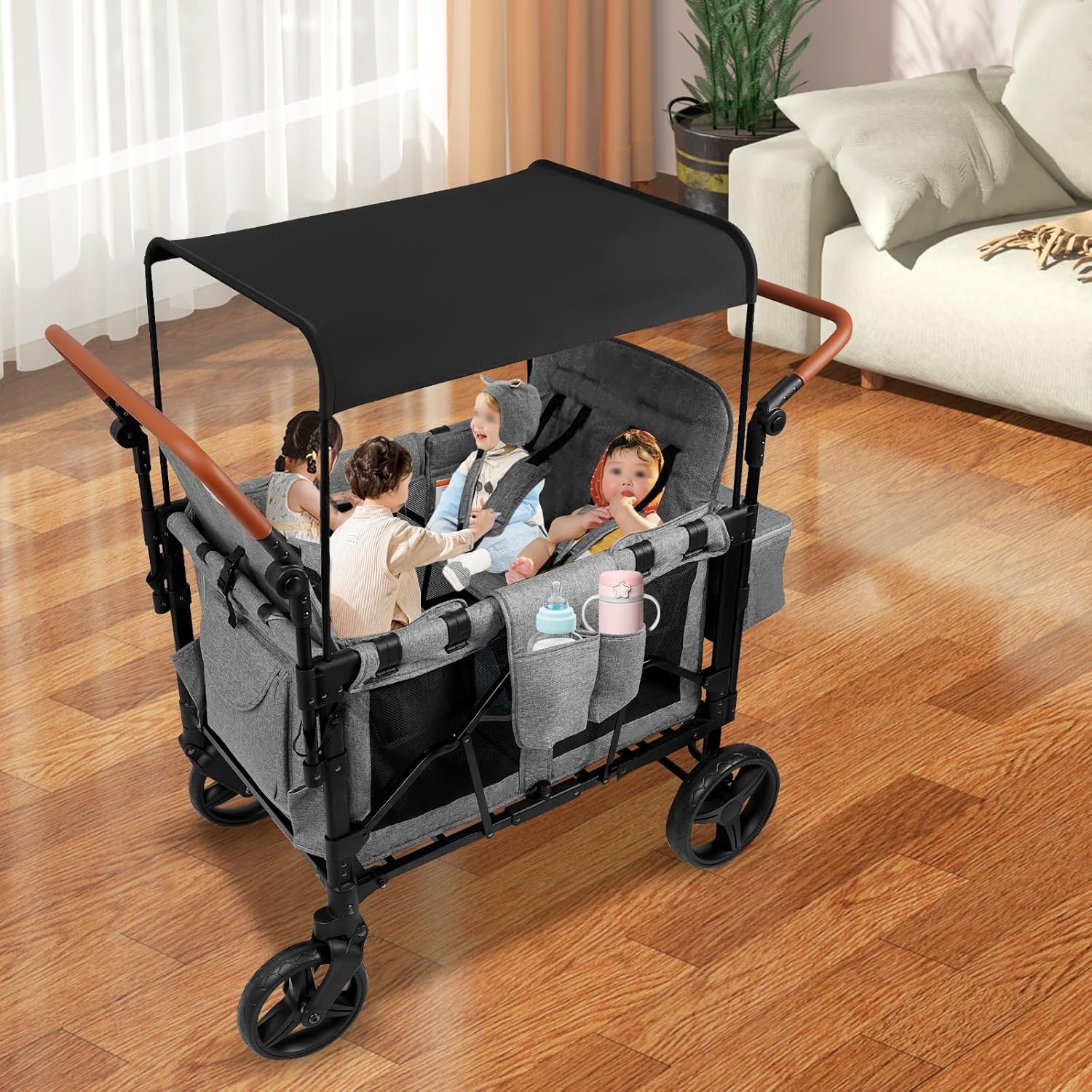 Stroller Wagon for 4 Kids, Foldable Double Push Bar Wagon Stroller with 5-Point Harnesses and Adjustable Sun Canopy