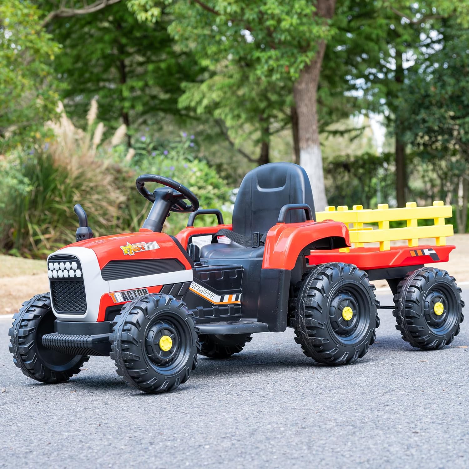 24V Kids Electric Tractor Car with Detachable Trailer, 400W Motor, 6 Wheels, Parent Remote, Soft Start, MP3 USB Player, Outdoor Ride On Toy for Toddlers, Red