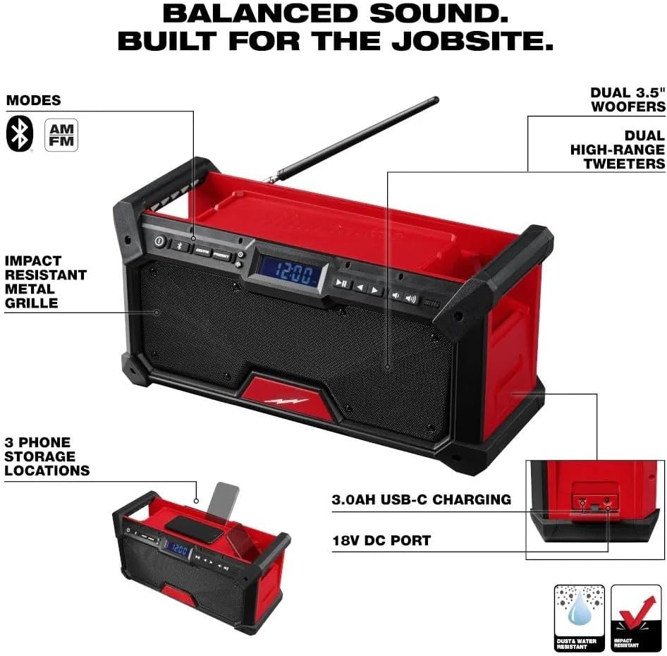 2952-20 Portable Weather Radios for Milwaukee M18 18V Cordless Bluetooth Jobsite Radio Red/Black - Radio Only