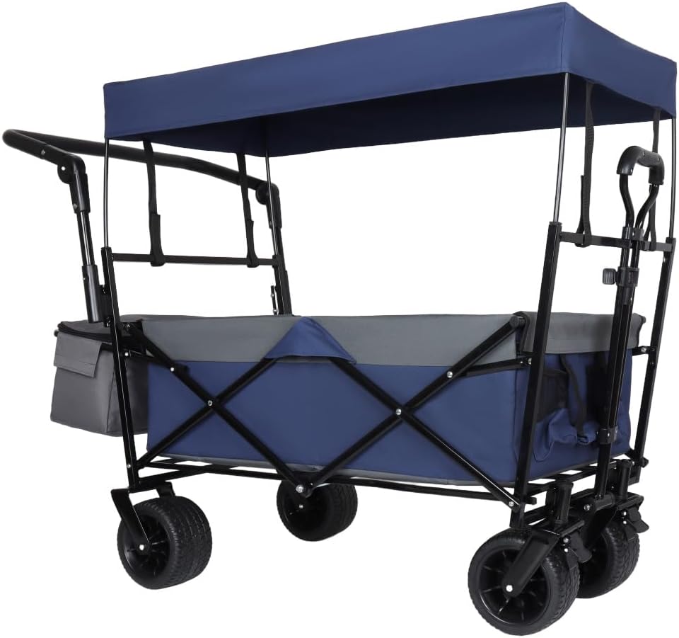 Heavy-Duty Foldable Wagon with All-Terrain Wheels, Push-Pull Handle, Removable Canopy, Large Capacity for Camping, Garden, Shopping & Outdoor Use (Dark Blue + Steel)