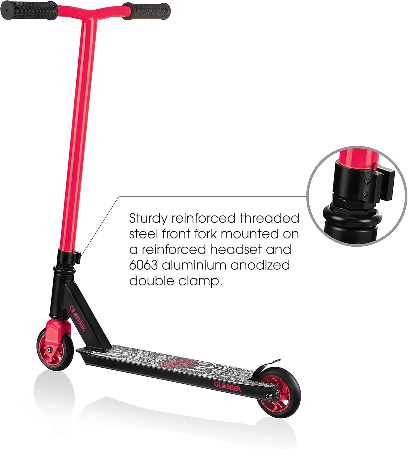 Globber Stunt Scooter GS 360 2-Wheel Stunt Scooter Sturdy Aluminium Deck, Reinforced 83° Aluminium downtube for Teens and Adults (Black/Red)