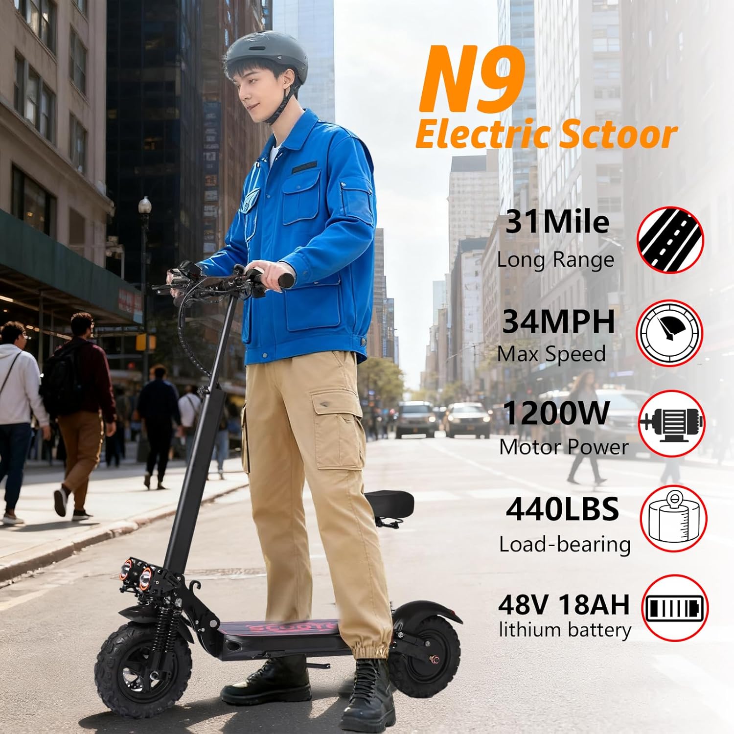 Off Road Electric Scooter Adults, 1200 Motor, 34MPH 48V 18AH Battery, 11