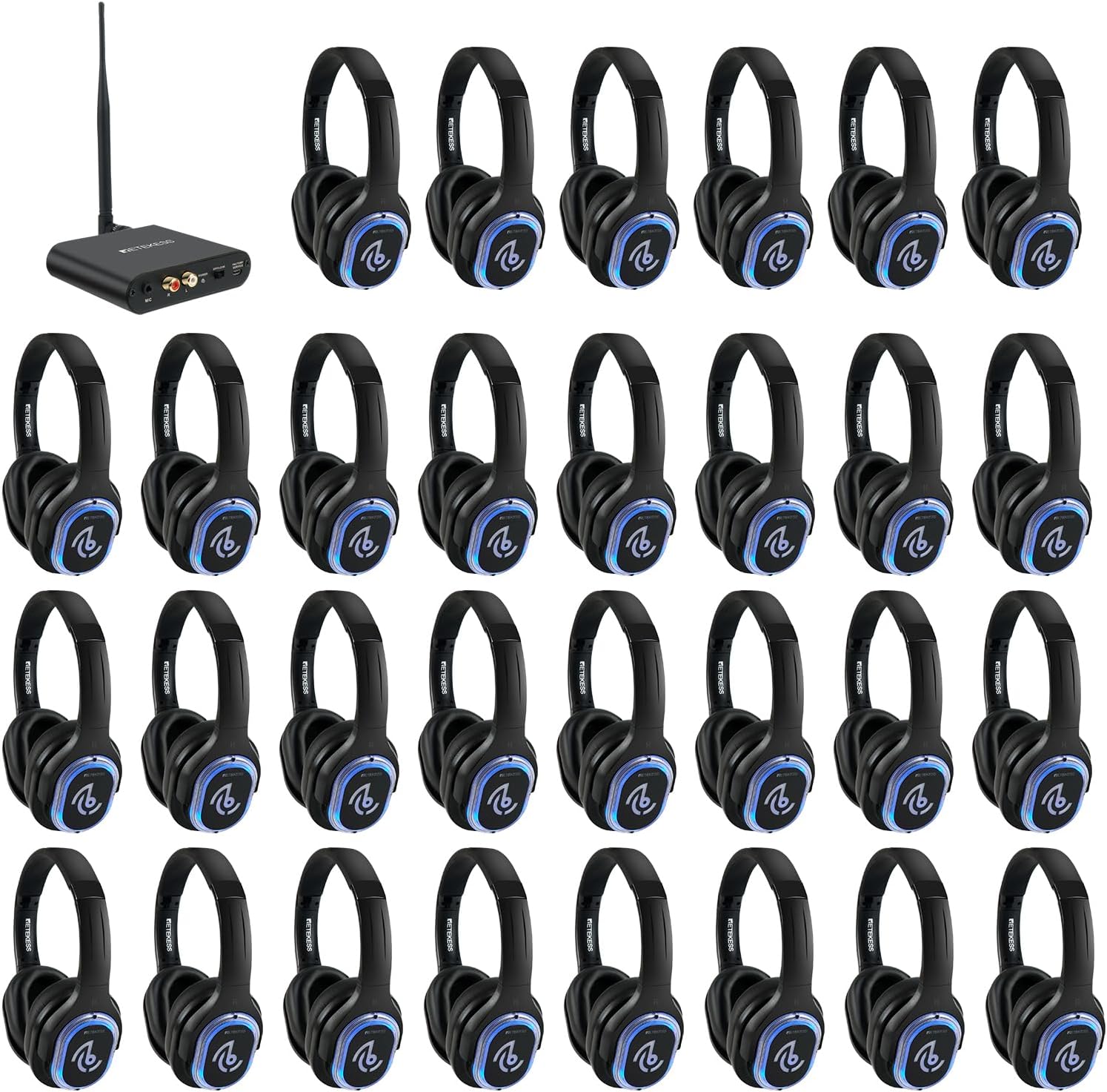 Retekess TA003 Silent Disco Headphone System,Wireless Silent Disco LED Light Headphones, Stereo and HiFi Sound, Silent Party Headphones for Music Events, Bar, Silent Conference (30 Pack)