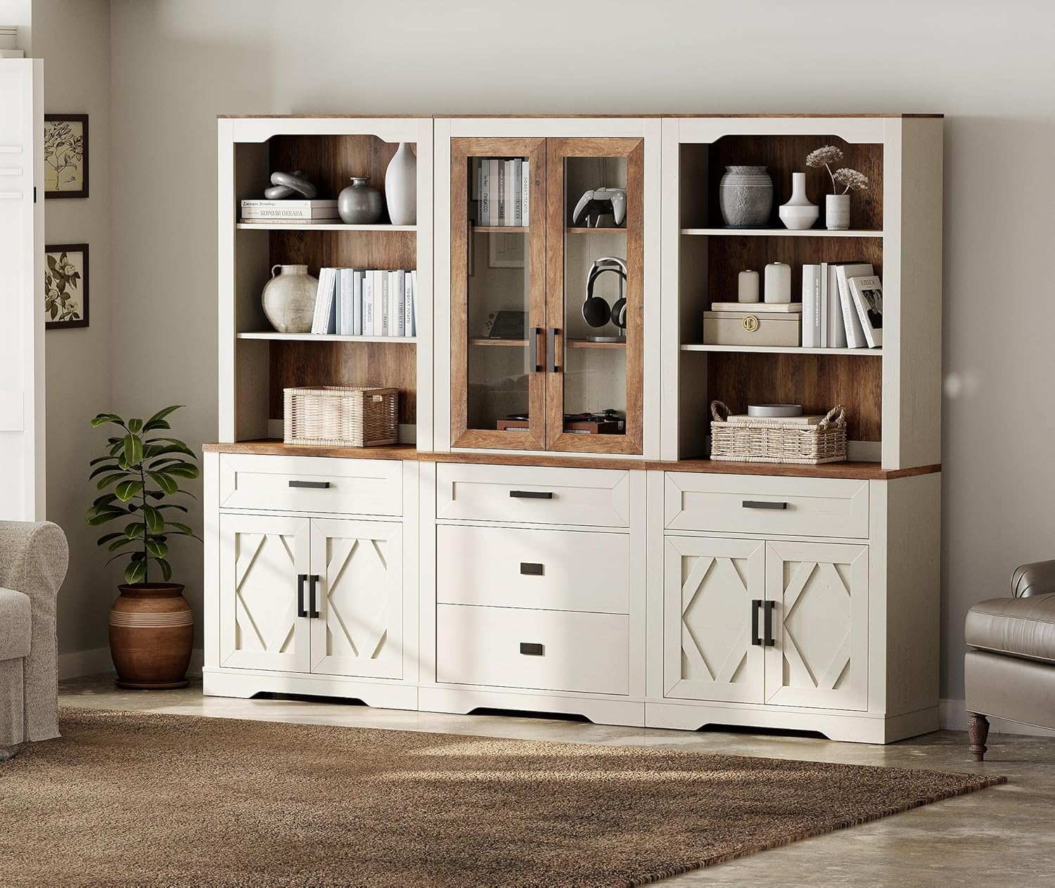 WAMPAT Modern Farmhosue 3-Column Bookcase Set,5-Tier Bookshelves with Open Storage and Glass Doors,73