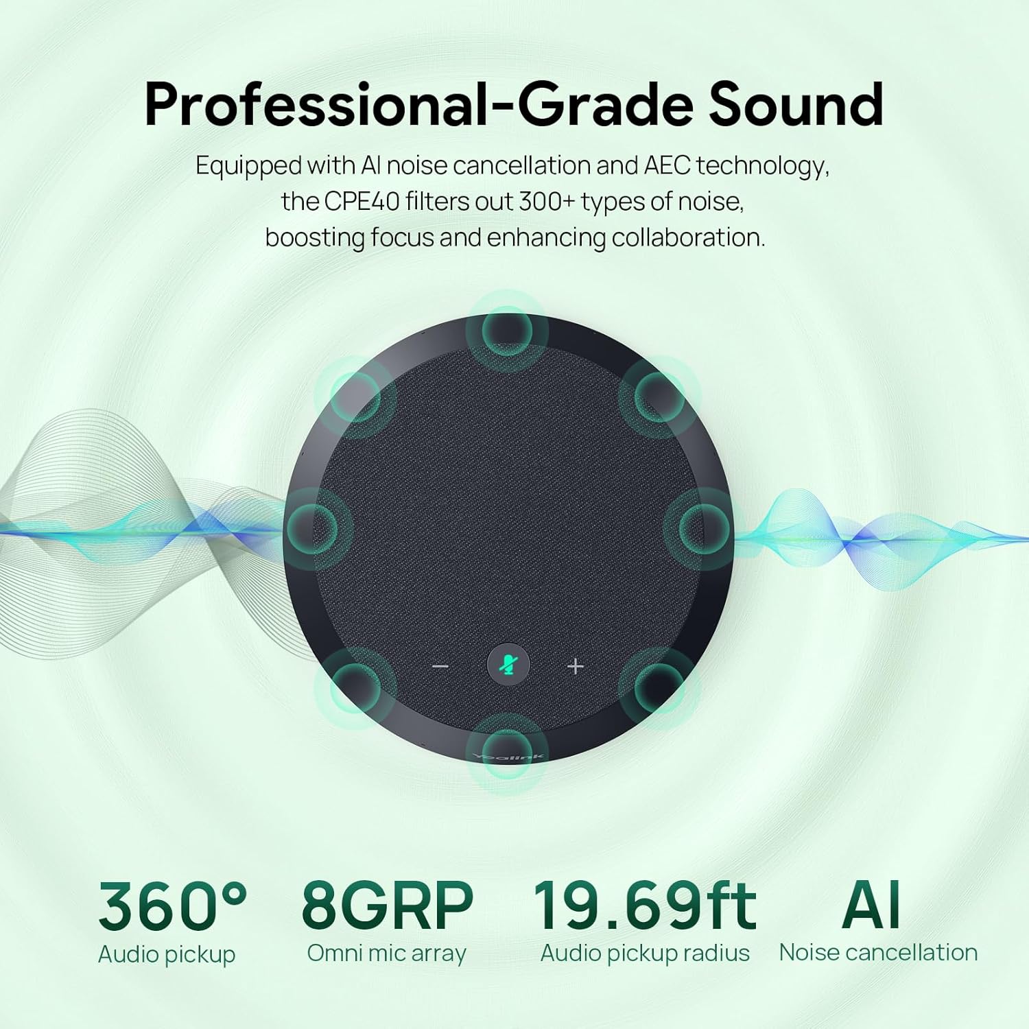 Yealink CPE40 Conference Speaker, Expansion Microphone for CP50, Ai Noise Cancellation, 8 360° Omni Mics Array, 19.6ft Pickup, Daisy Chain up to 7 Speakerphones for Zoom, Teams, Large Meeting Room
