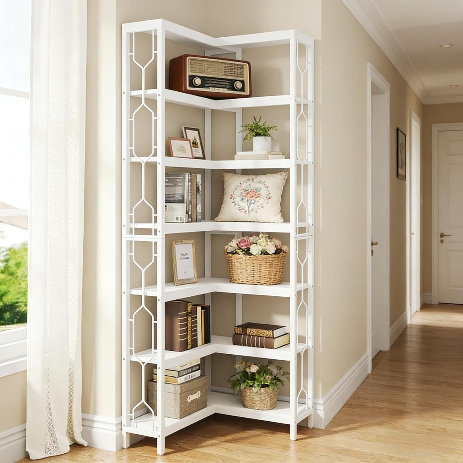 AMNOOI 7-Tier Hexagonal Corner Bookcase with Railings - Space-Saving Storage Shelf Unit, Sturdy Metal Frame & Adjustable Feet, Easy Assembly for Living Room or Home Office