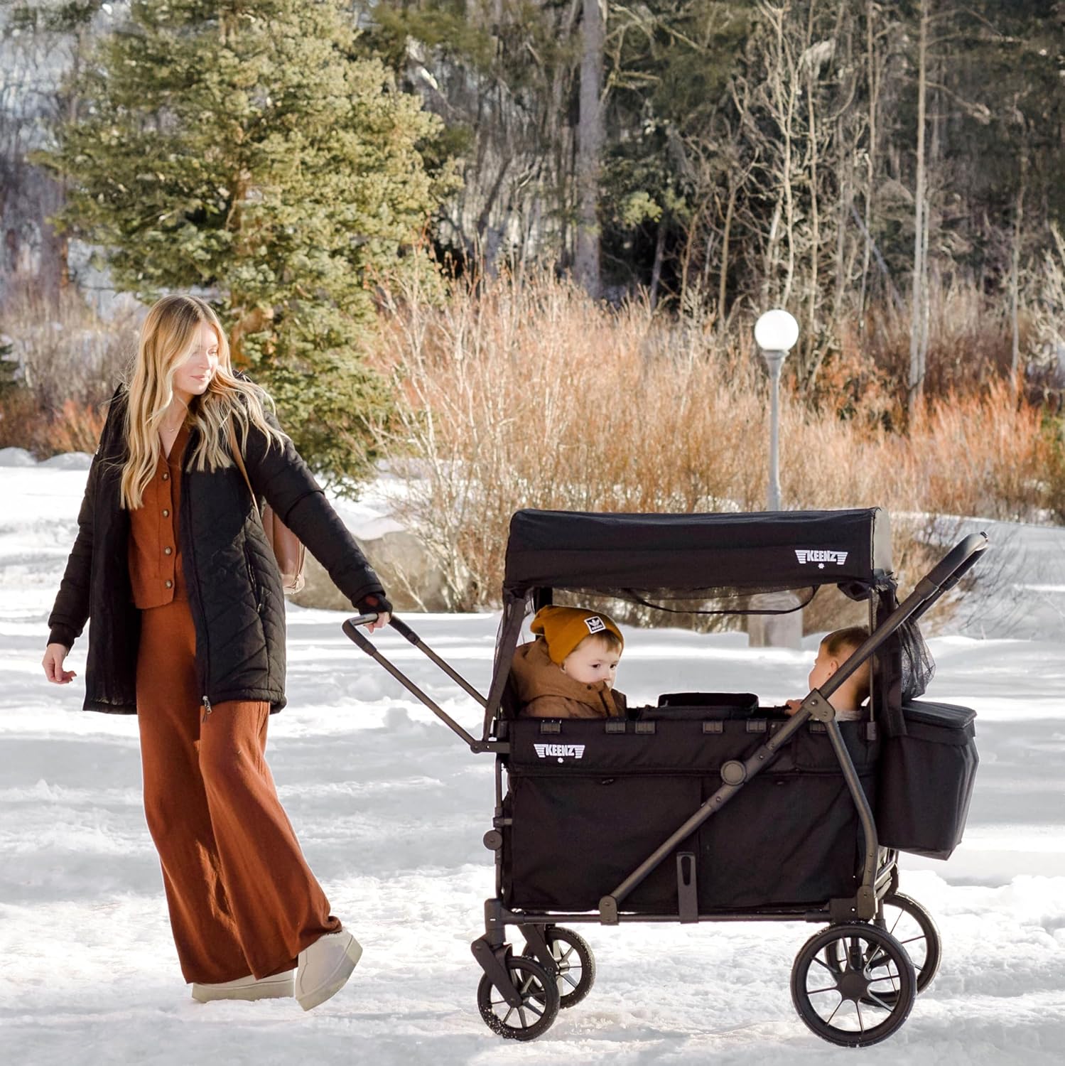 Keenz Viva 2-Passenger Compact Foldable Stroller Wagon with Canopy, Hybrid Push Pull Handle, EVA Wheels, and Storage – Lightweight Stroller Wagon for Toddlers and Kids, Black