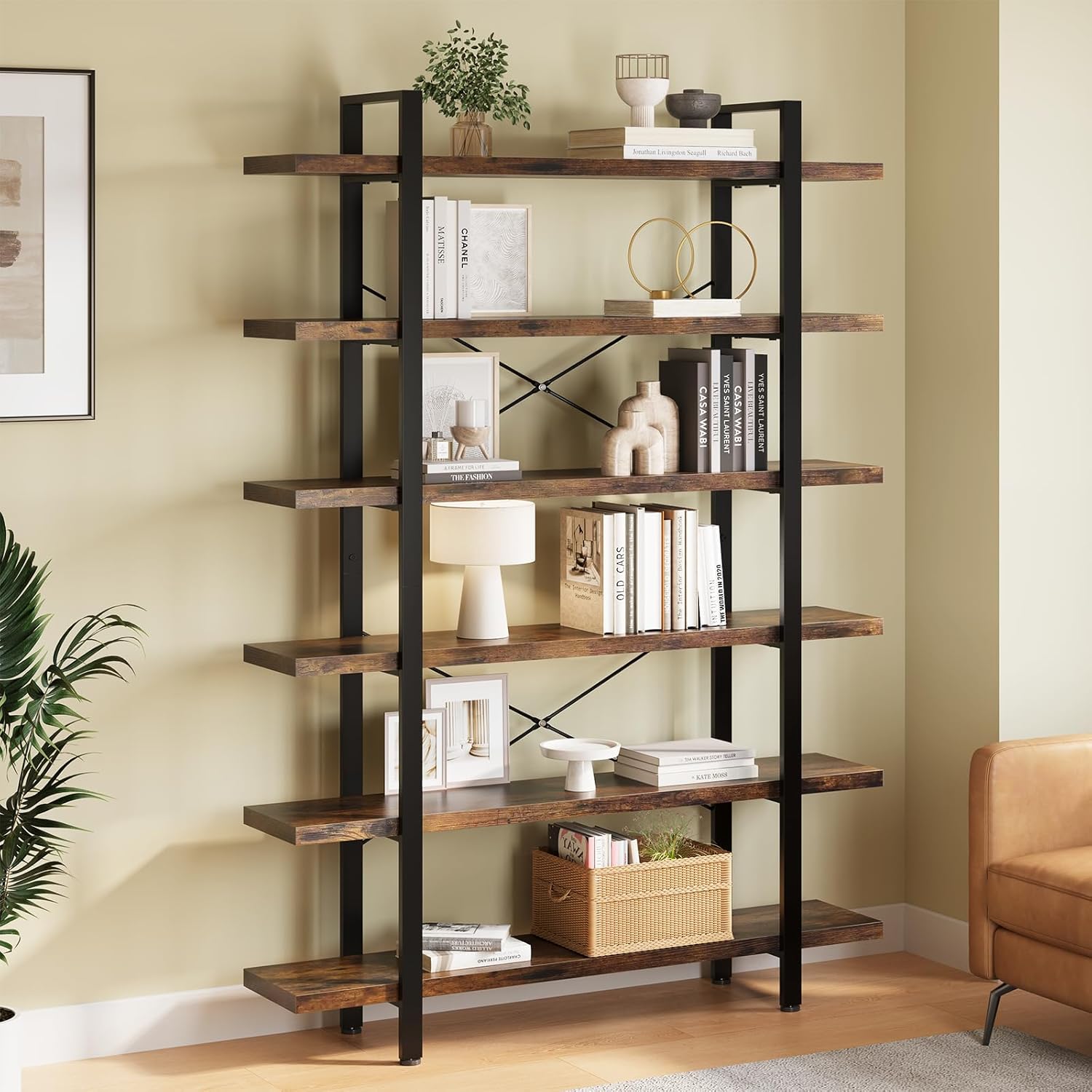 FURSUN Heavy Duty 6 Tier Bookcase, 80-in Tall Industrial Modern Large Bookshelf, Wood Farmhouse Bookcases Book Shelves and Metal Frame for Office, Bedroom, Living Room, Brown
