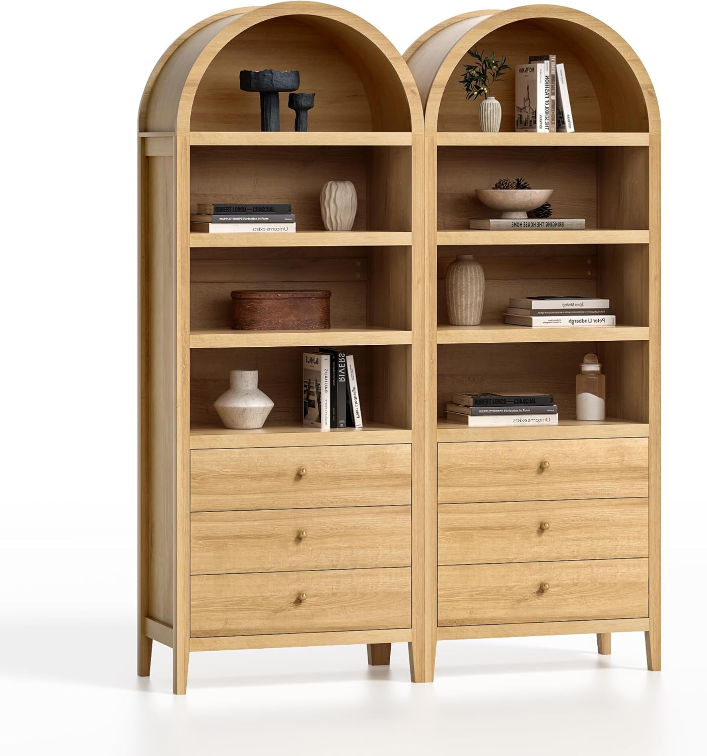 MoomJiee Tall Arched Bookshelf with Drawers Set of 2, 71