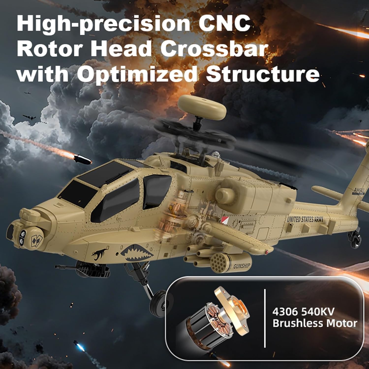RC Helicopter, 1/32 Scale 2.4G 6CH Apache Single Rotor Heli Military Aircraft with Altitude Hold & 3D Inverted Flight Remote Model Birthday Gift for Adults Enthusiasts(Without Camera)