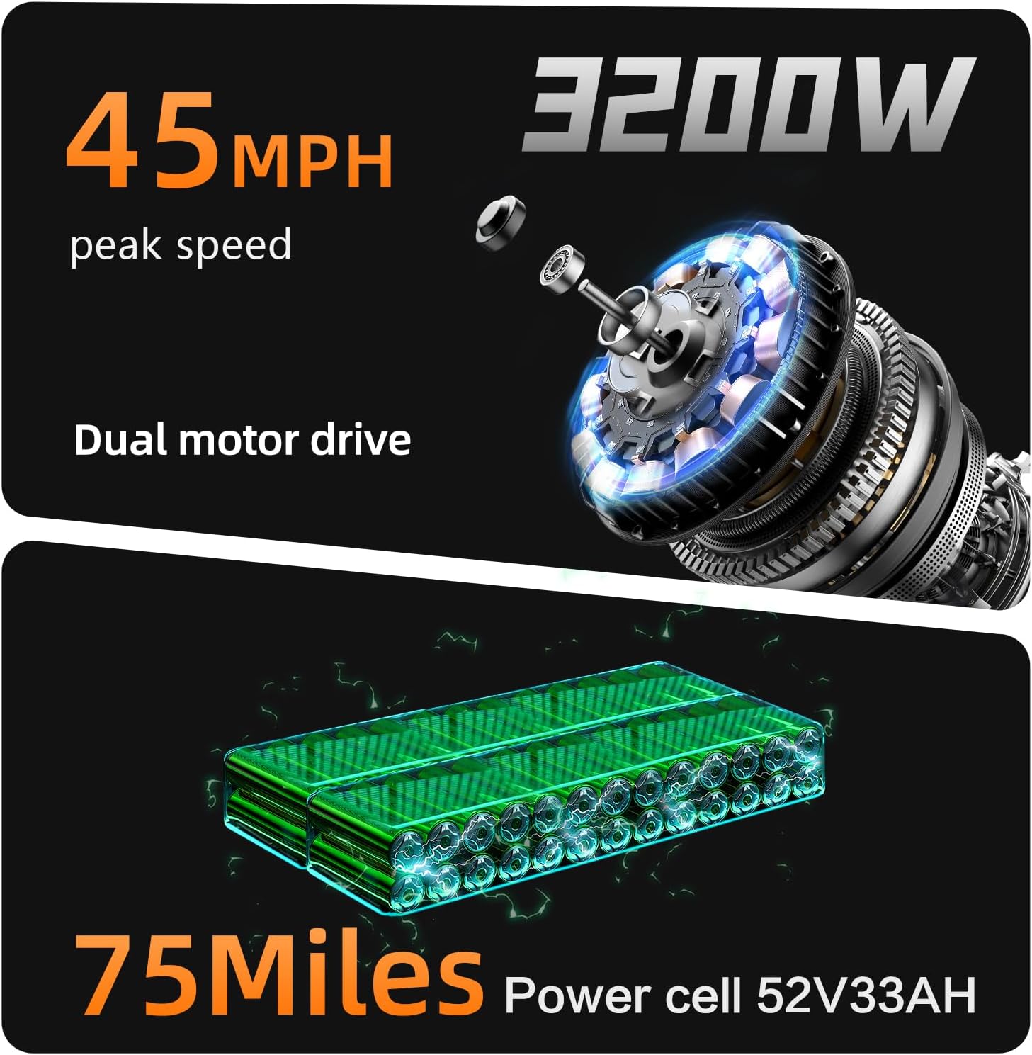 Electric Scooter Adults Peak 5600W Dual Motors Top Speed 45MPH，33Ah Battery Range 75 Miles， with Non-Zero Start 10