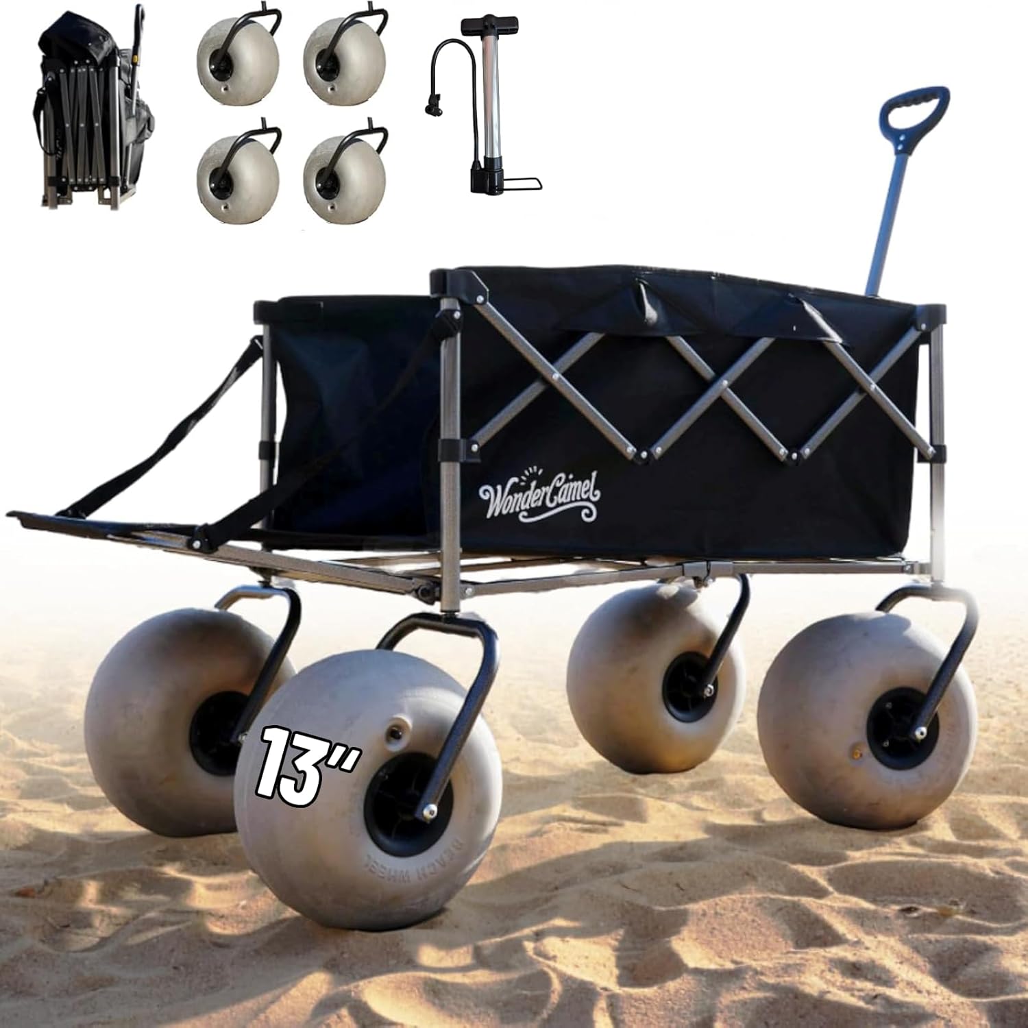 Beach Wagon with Big Wheels for Sand, 13'' Balloon Wheel, Collapsible Cart with All Terrain Inflatable Tires (Black, 185L)