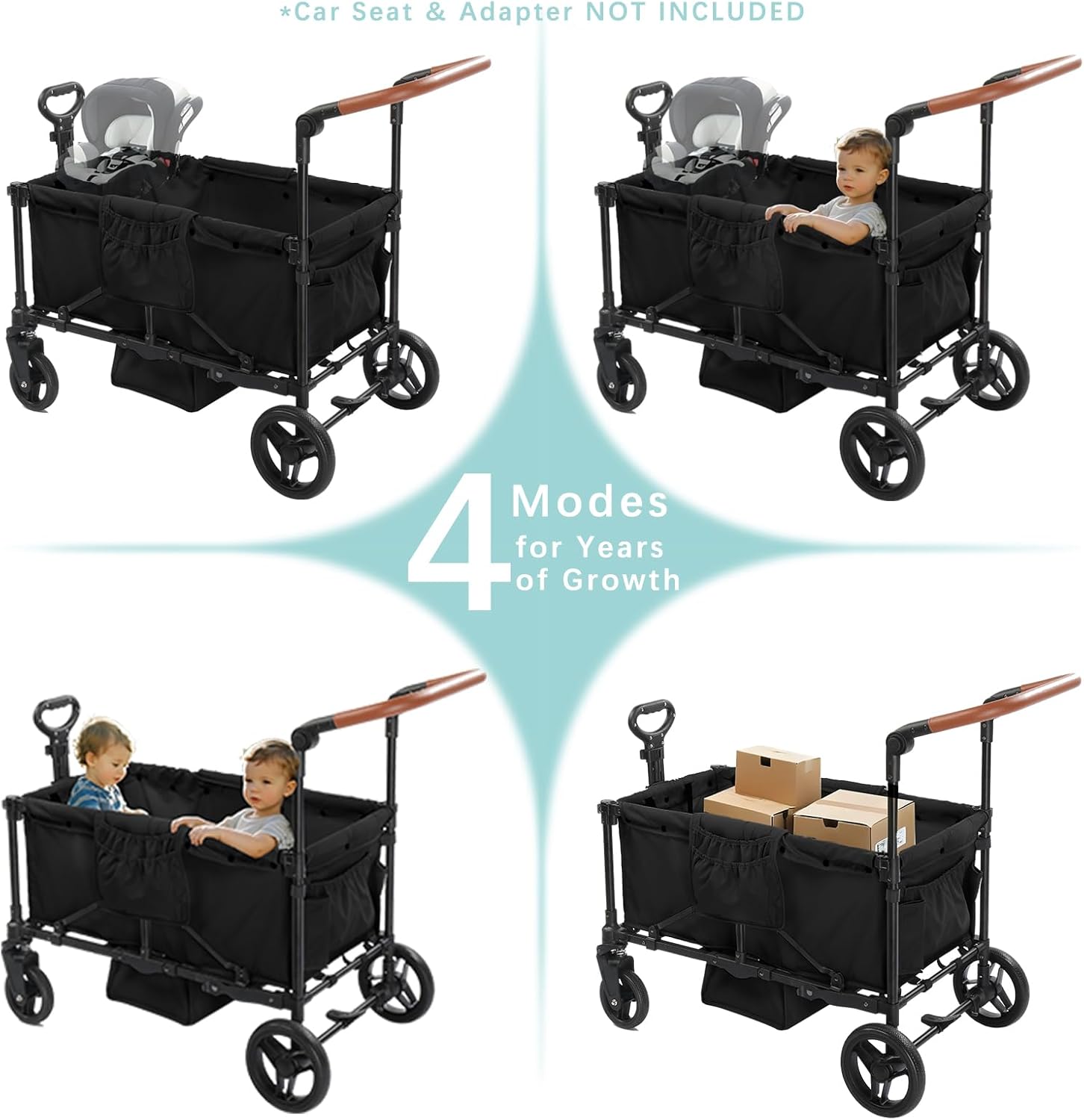 Stroller Wagon for 4 Kids, Foldable All Terrain Wagon for Kids, with Removable Canopy, Adjustable Push and Pull Handle, 5 Point Harnesses, Large Storage Bag