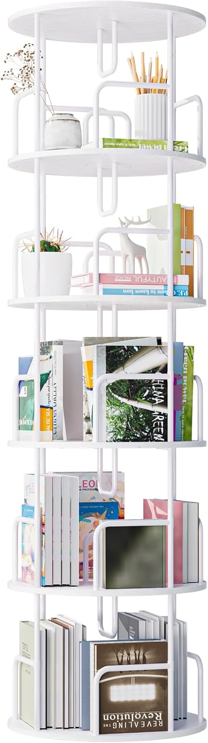 Modern Display & Bookshelf for Living Room, Creative Furniture, 360 Degree Rotating Storage Cabinet, Shoe Rack, Plant Stand, Utility Racks, Tall Narrow Book Shelf Organizer,White-MDFIron